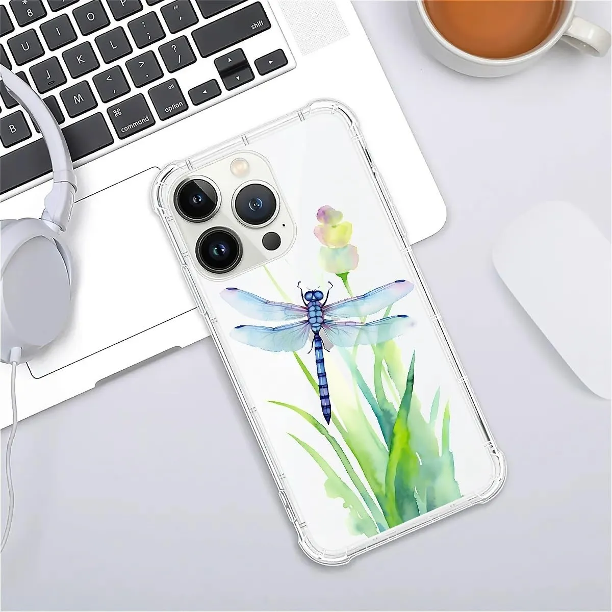 for iPhone 15 Pro Max Case,Clear Dragonfly Point Water Pattern Graphic for Girl Women Soft Silicone Shock Protection for iPhone 15 Pro Max