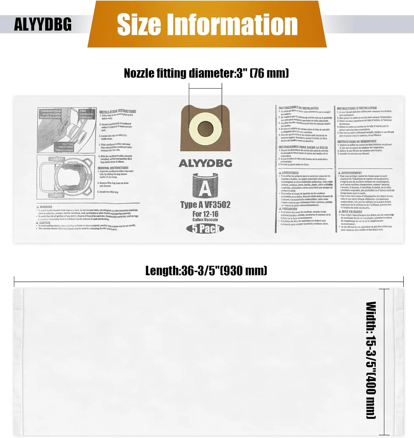 for Rigid Shop Vac bags Size A VF3502, 12-16 Gallon Durable Dust Collection Vacuum Bags. 5 Pack