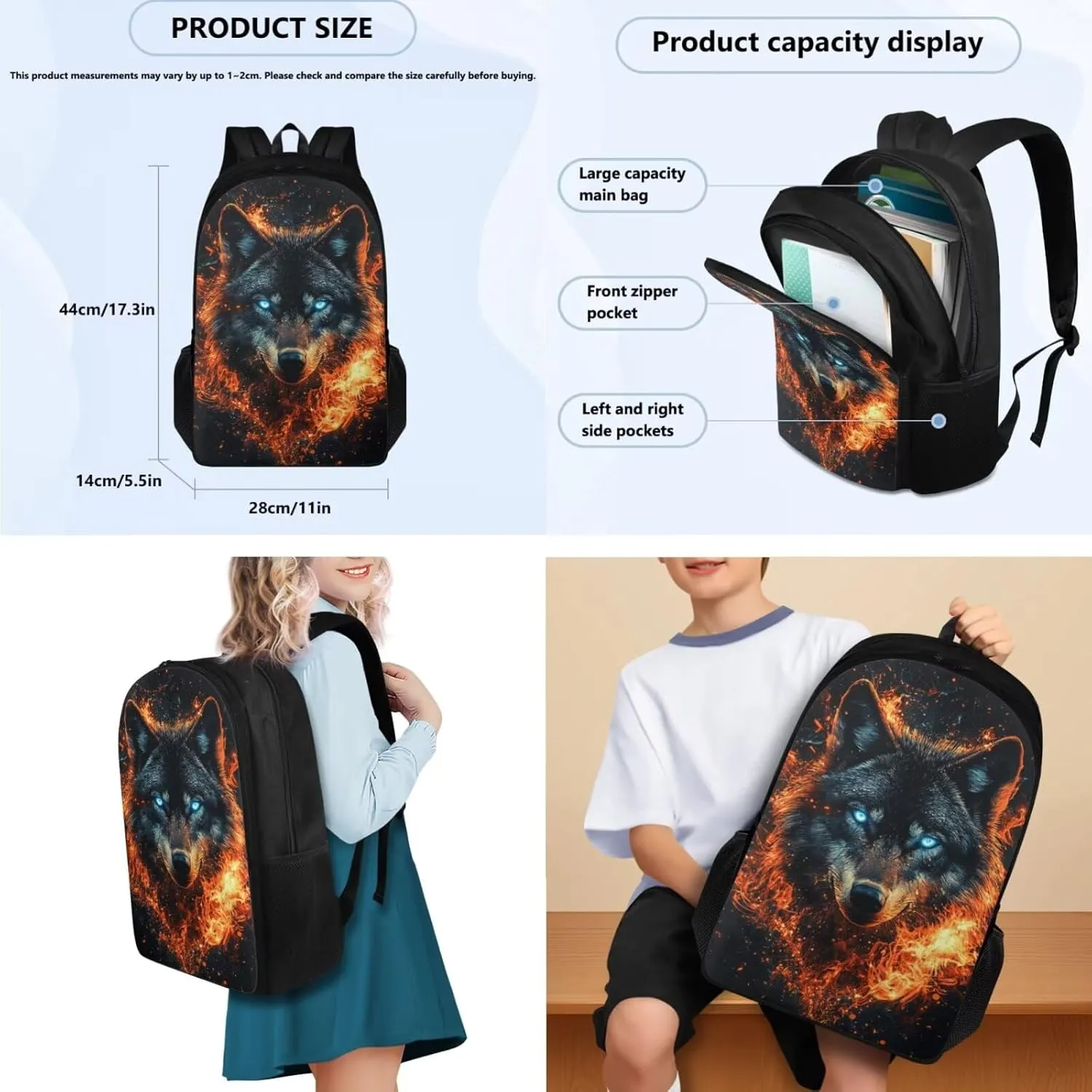 FOR U DESIGNS 17 Inch Kawaii Wolf Backpack Set for Girls Lightweight Bookbag and Lunch Box Set for Elementary Students Large Capacity 3 Piece School Bag Set