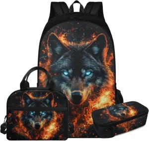 FOR U DESIGNS 17 Inch Kawaii Wolf Backpack Set for Girls Lightweight Bookbag and Lunch Box Set for Elementary Students Large Capacity 3 Piece School Bag Set