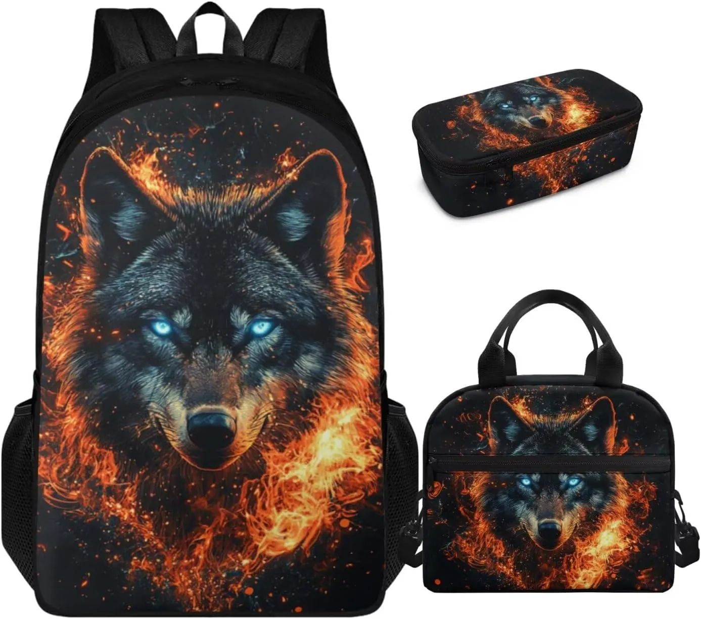 FOR U DESIGNS 17 Inch Kawaii Wolf Backpack Set for Girls Lightweight Bookbag and Lunch Box Set for Elementary Students Large Capacity 3 Piece School Bag Set
