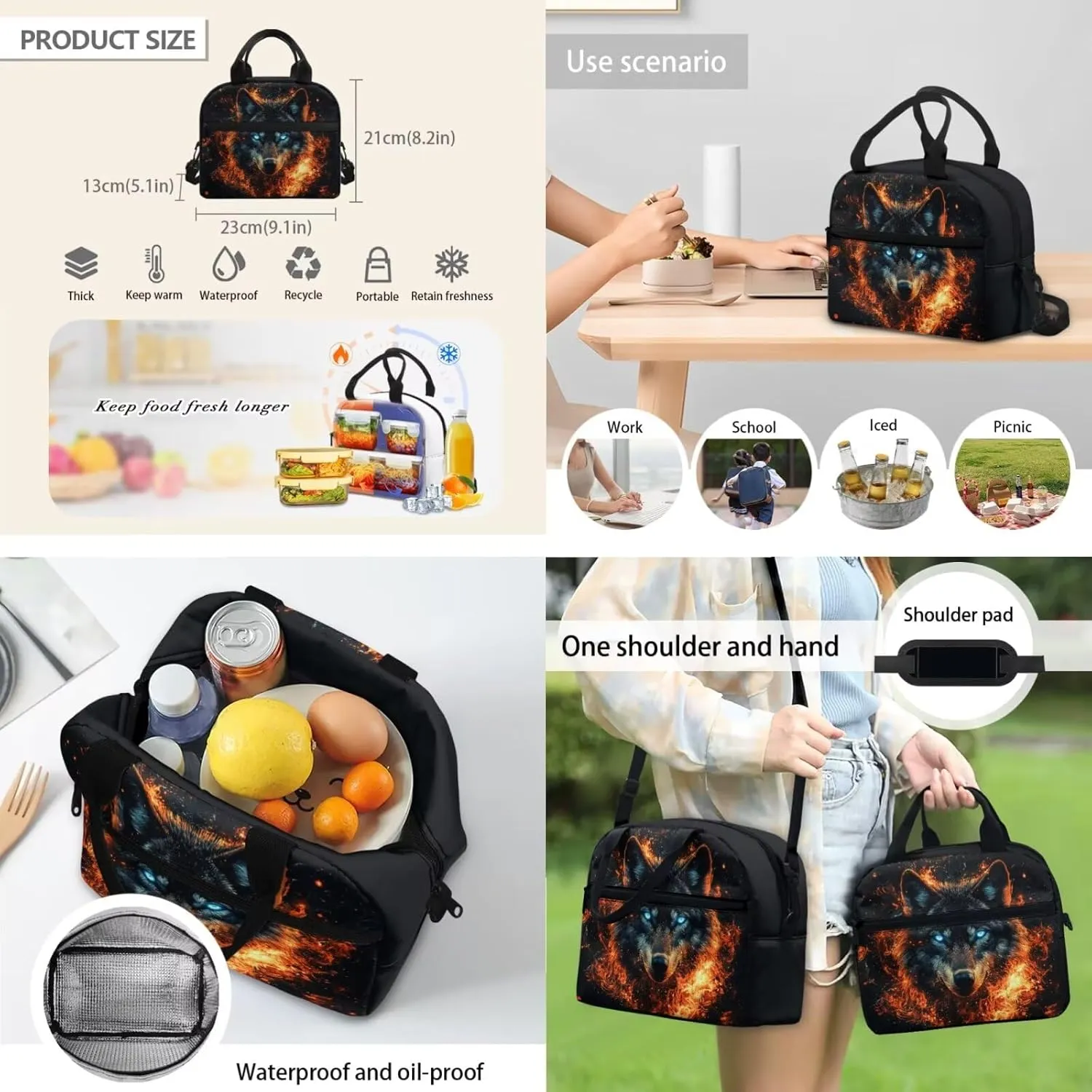 FOR U DESIGNS 17 Inch Kawaii Wolf Backpack Set for Girls Lightweight Bookbag and Lunch Box Set for Elementary Students Large Capacity 3 Piece School Bag Set