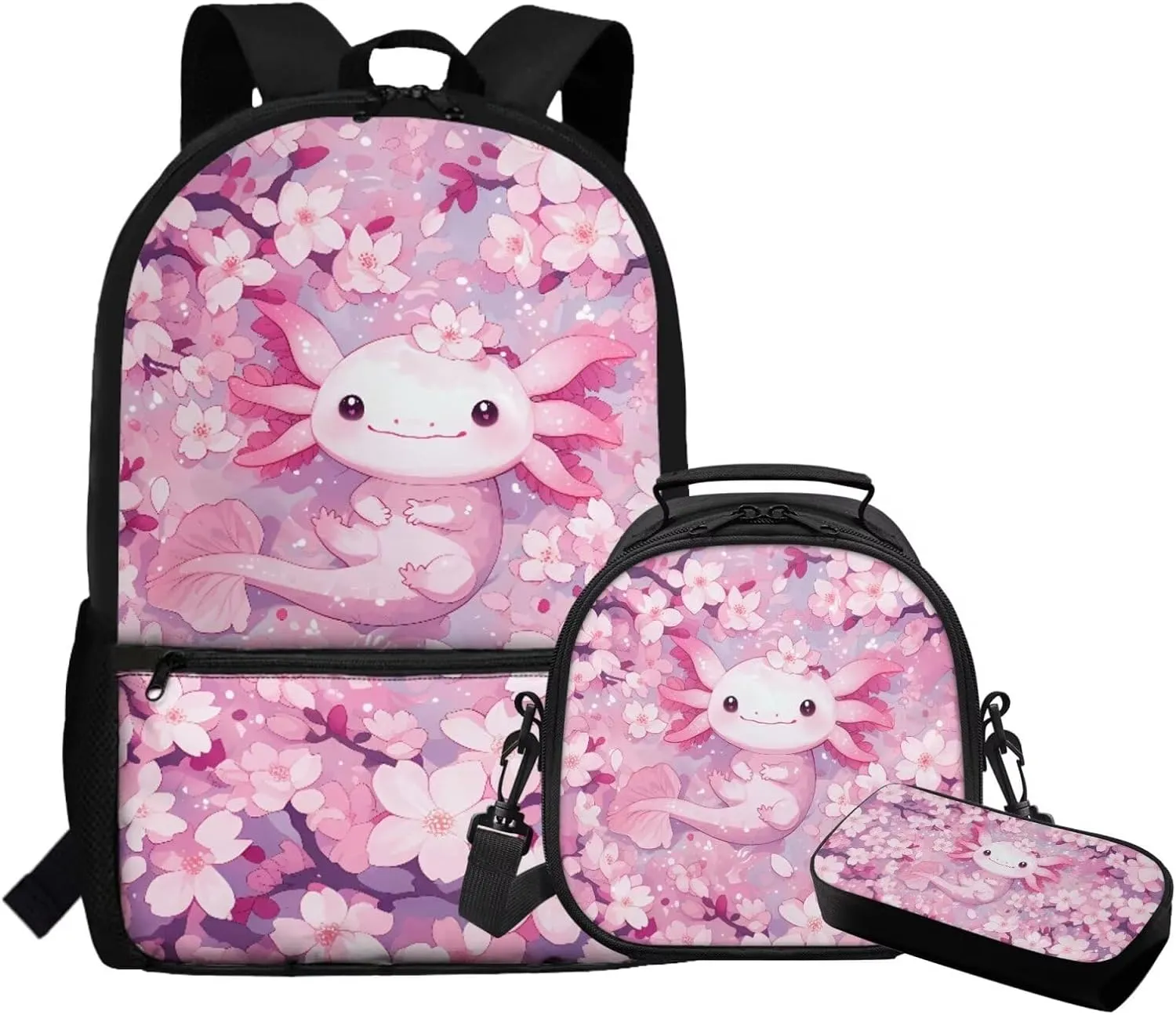 FOR U DESIGNS Axolotl Backpack for Middle School Girls Pink Floral Bookbag and Lunch Box Set 3 in 1 Lightweight School Bag 5th Grade School Supplies Travel Rucksack