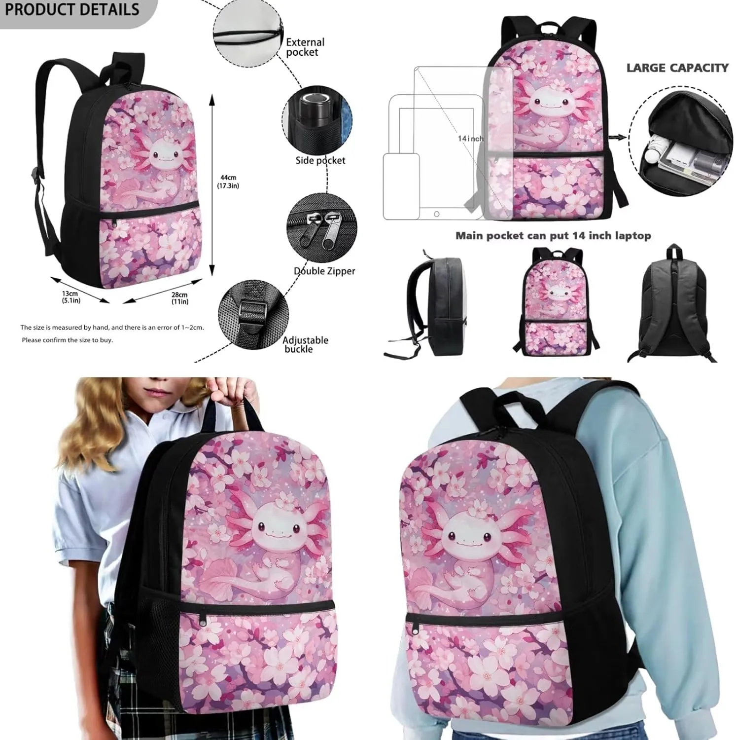 FOR U DESIGNS Axolotl Backpack for Middle School Girls Pink Floral Bookbag and Lunch Box Set 3 in 1 Lightweight School Bag 5th Grade School Supplies Travel Rucksack
