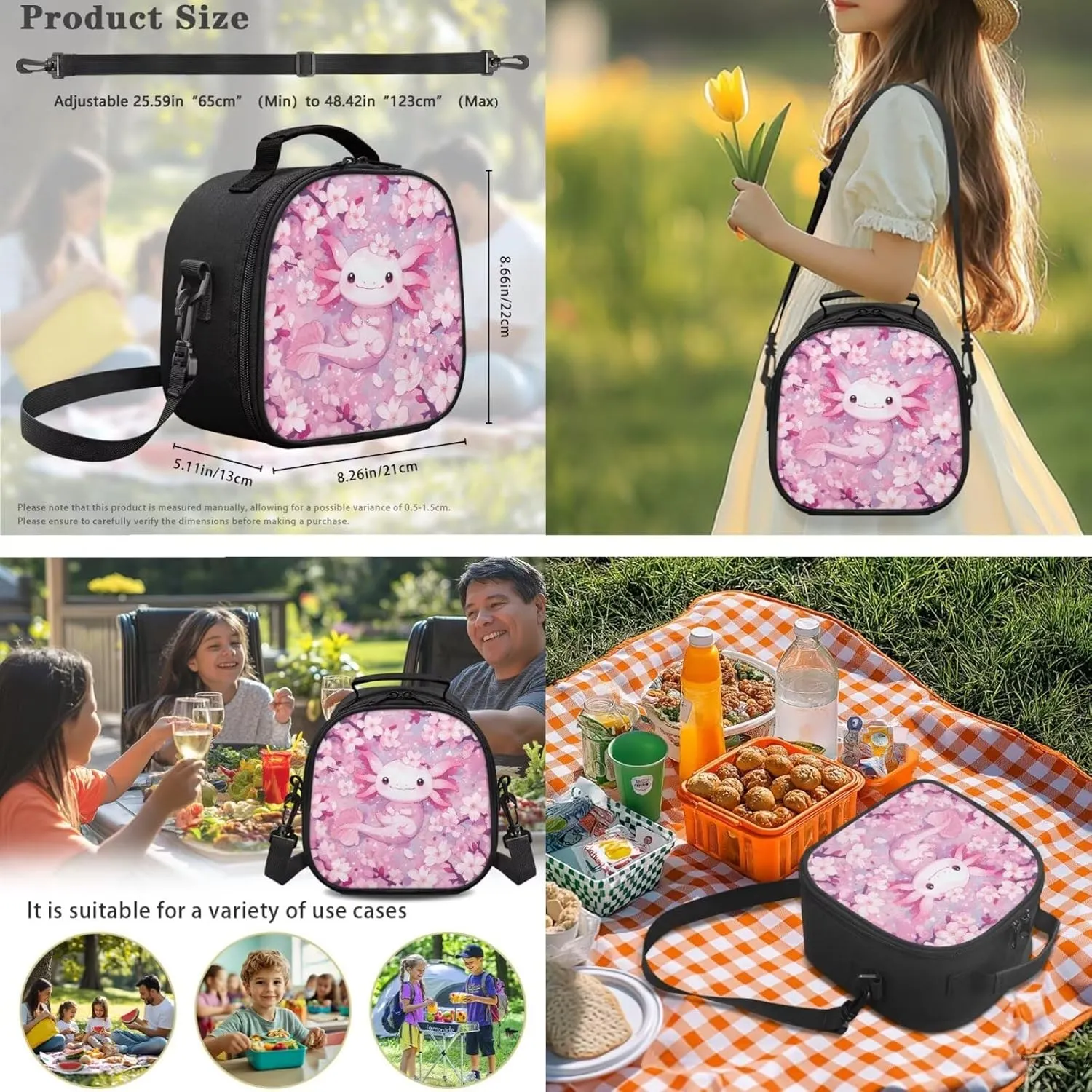 FOR U DESIGNS Axolotl Backpack for Middle School Girls Pink Floral Bookbag and Lunch Box Set 3 in 1 Lightweight School Bag 5th Grade School Supplies Travel Rucksack