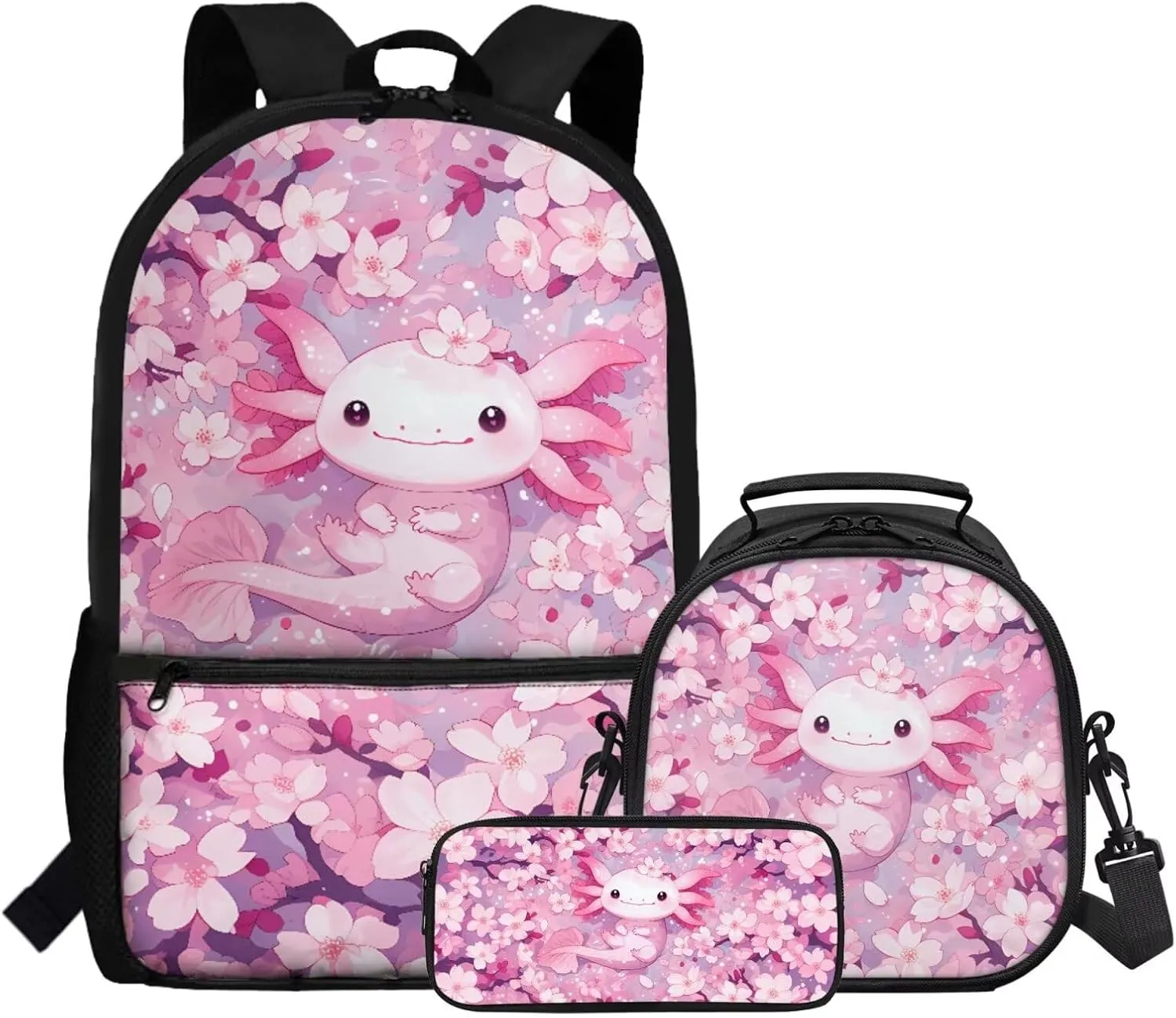 FOR U DESIGNS Axolotl Backpack for Middle School Girls Pink Floral Bookbag and Lunch Box Set 3 in 1 Lightweight School Bag 5th Grade School Supplies Travel Rucksack