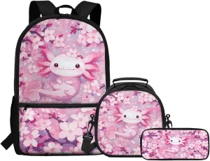 FOR U DESIGNS Axolotl Backpack for Middle School Girls Pink Floral Bookbag and Lunch Box Set 3 in 1 Lightweight School Bag 5th Grade School Supplies Travel Rucksack