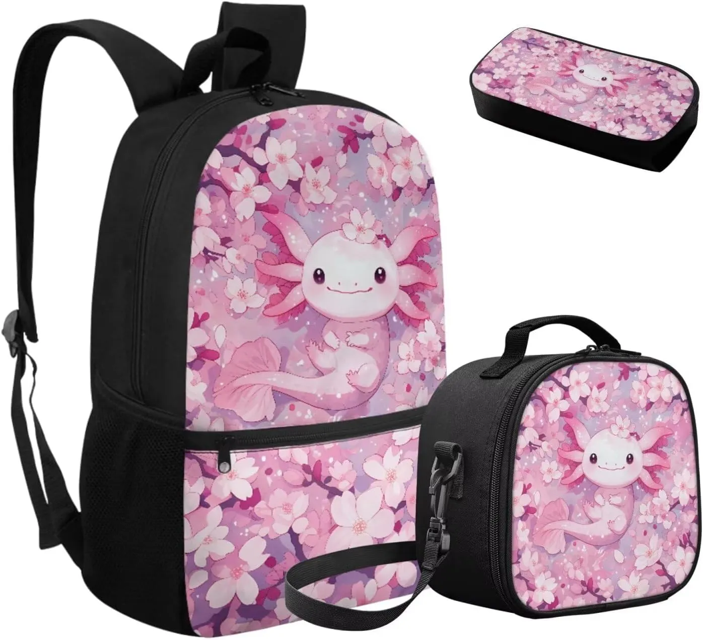 FOR U DESIGNS Axolotl Backpack for Middle School Girls Pink Floral Bookbag and Lunch Box Set 3 in 1 Lightweight School Bag 5th Grade School Supplies Travel Rucksack
