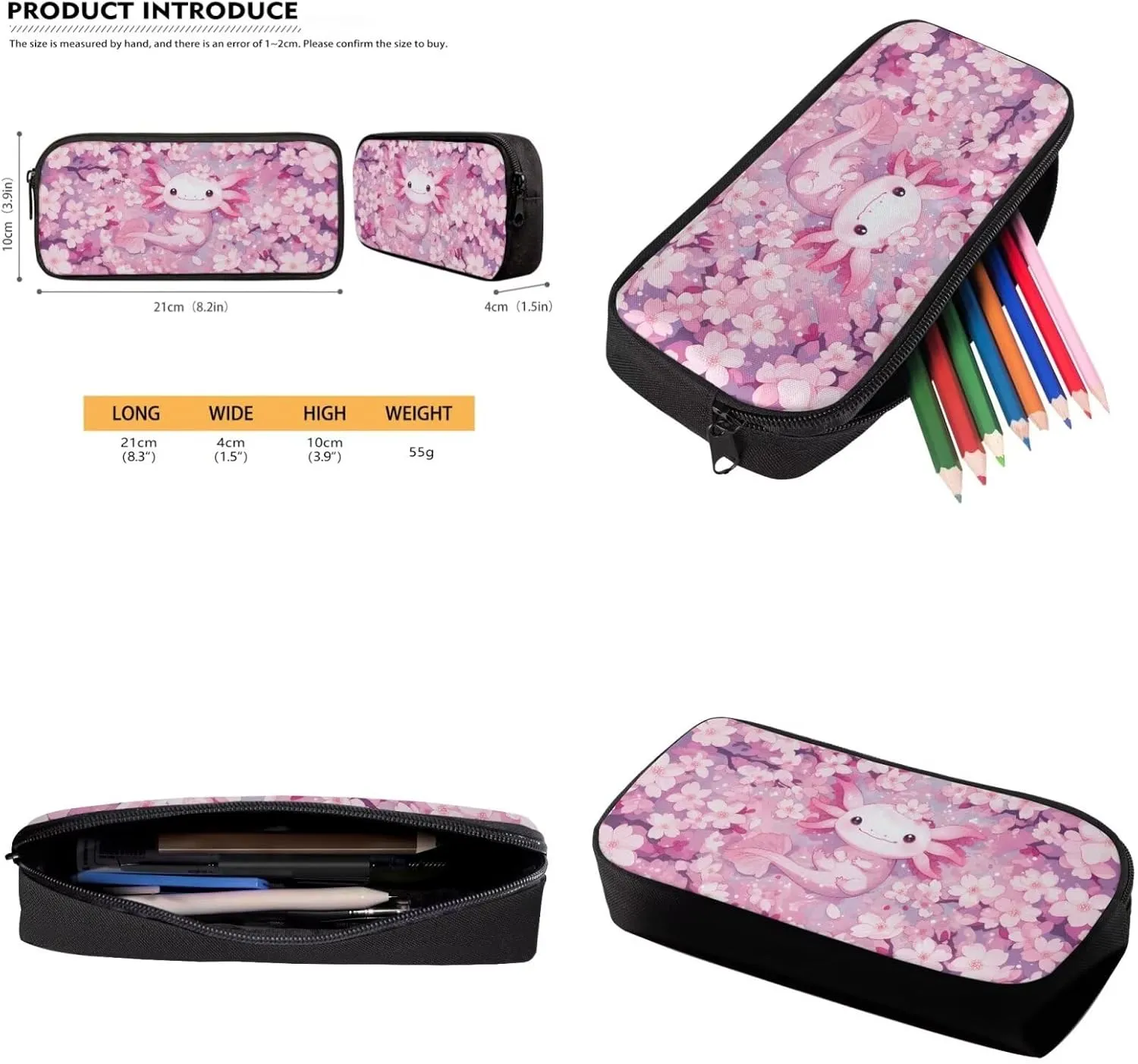 FOR U DESIGNS Axolotl Backpack for Middle School Girls Pink Floral Bookbag and Lunch Box Set 3 in 1 Lightweight School Bag 5th Grade School Supplies Travel Rucksack