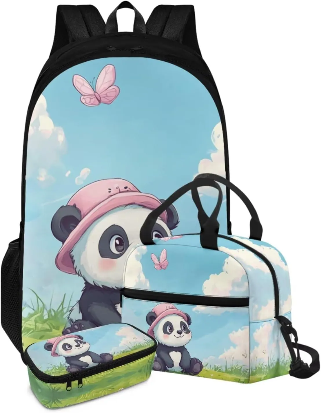 FOR U DESIGNS Kawaii Panda School Bag Set 3 Piece 17 Inch Lightweight Backpack and Lunch Bag Set for Little Girls Large Capacity Bookbag Set Ages 6-8 School Supplies