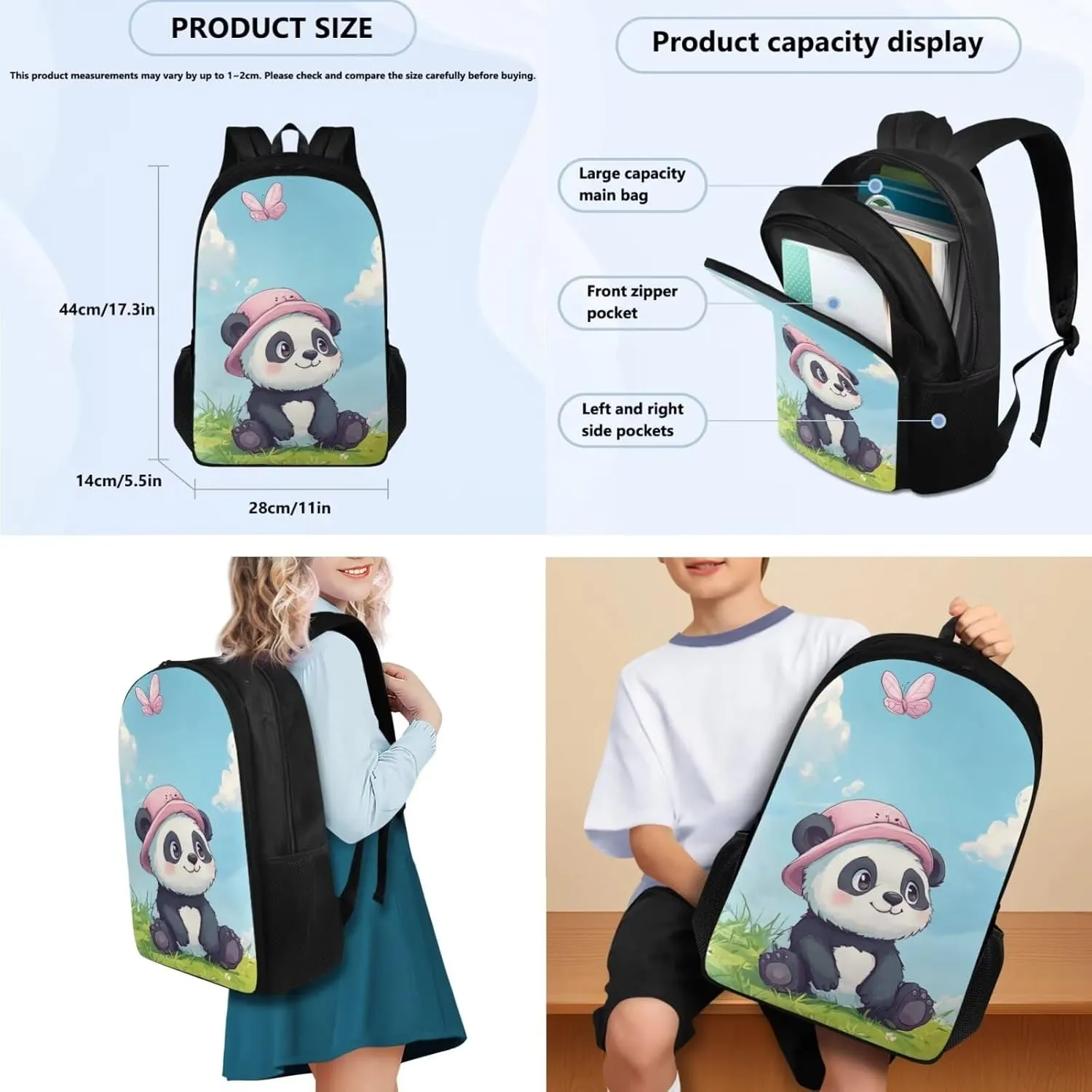 FOR U DESIGNS Kawaii Panda School Bag Set 3 Piece 17 Inch Lightweight Backpack and Lunch Bag Set for Little Girls Large Capacity Bookbag Set Ages 6-8 School Supplies