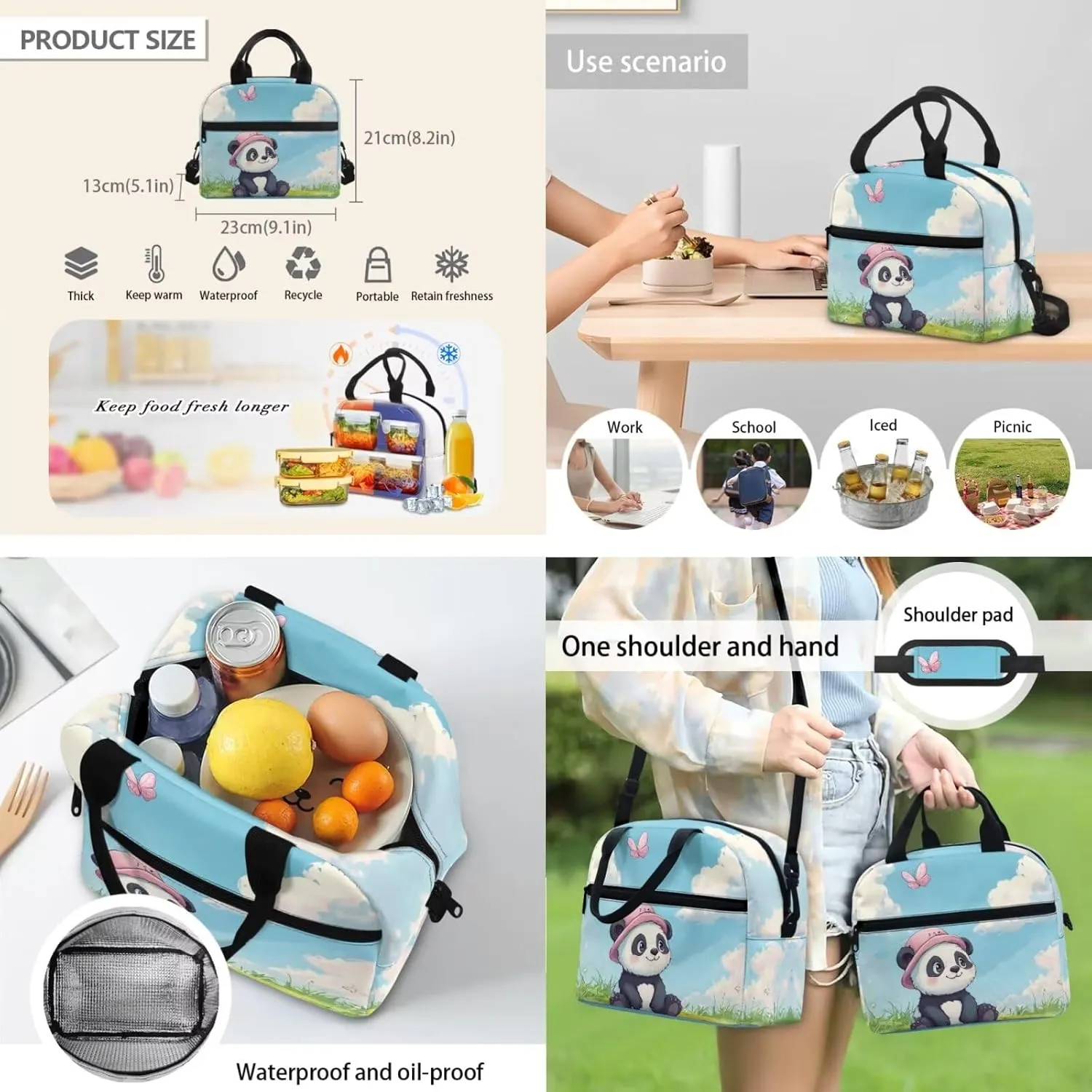 FOR U DESIGNS Kawaii Panda School Bag Set 3 Piece 17 Inch Lightweight Backpack and Lunch Bag Set for Little Girls Large Capacity Bookbag Set Ages 6-8 School Supplies