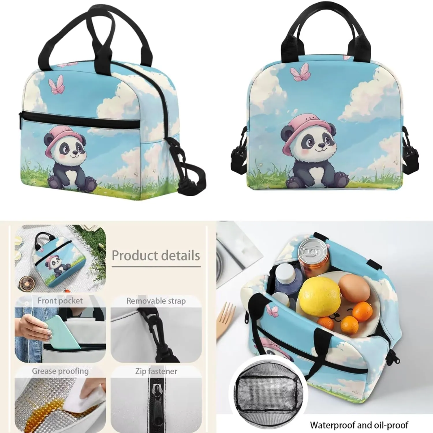 FOR U DESIGNS Kawaii Panda School Bag Set 3 Piece 17 Inch Lightweight Backpack and Lunch Bag Set for Little Girls Large Capacity Bookbag Set Ages 6-8 School Supplies