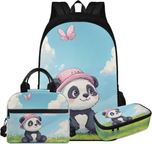 FOR U DESIGNS Kawaii Panda School Bag Set 3 Piece 17 Inch Lightweight Backpack and Lunch Bag Set for Little Girls Large Capacity Bookbag Set Ages 6-8 School Supplies