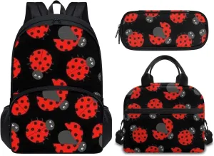 Forchrinse 3Piece Ladybug Backpack for Girls Kids Elementary Middle School Backpack Bookbag with Lunch Box Pencil Bag
