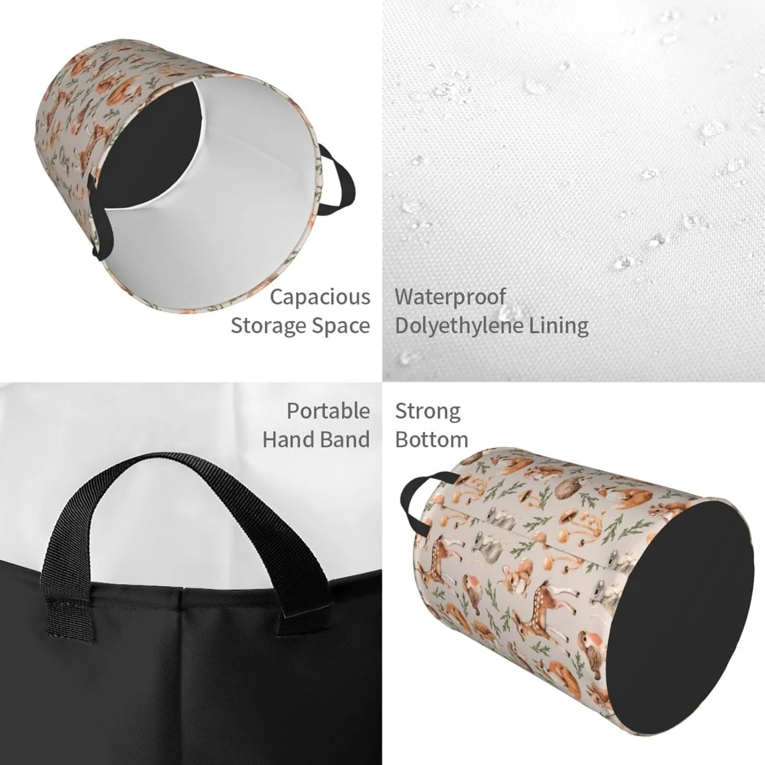 Forest Little Animal Laundry Hamper Bag, Deer Squirrel Hedgehog Fox Round Laundry Basket Foldable Clothes Storage Organizer For Bathroom Bedroom Nursery Dorm, S-16.5"X 13.8"
