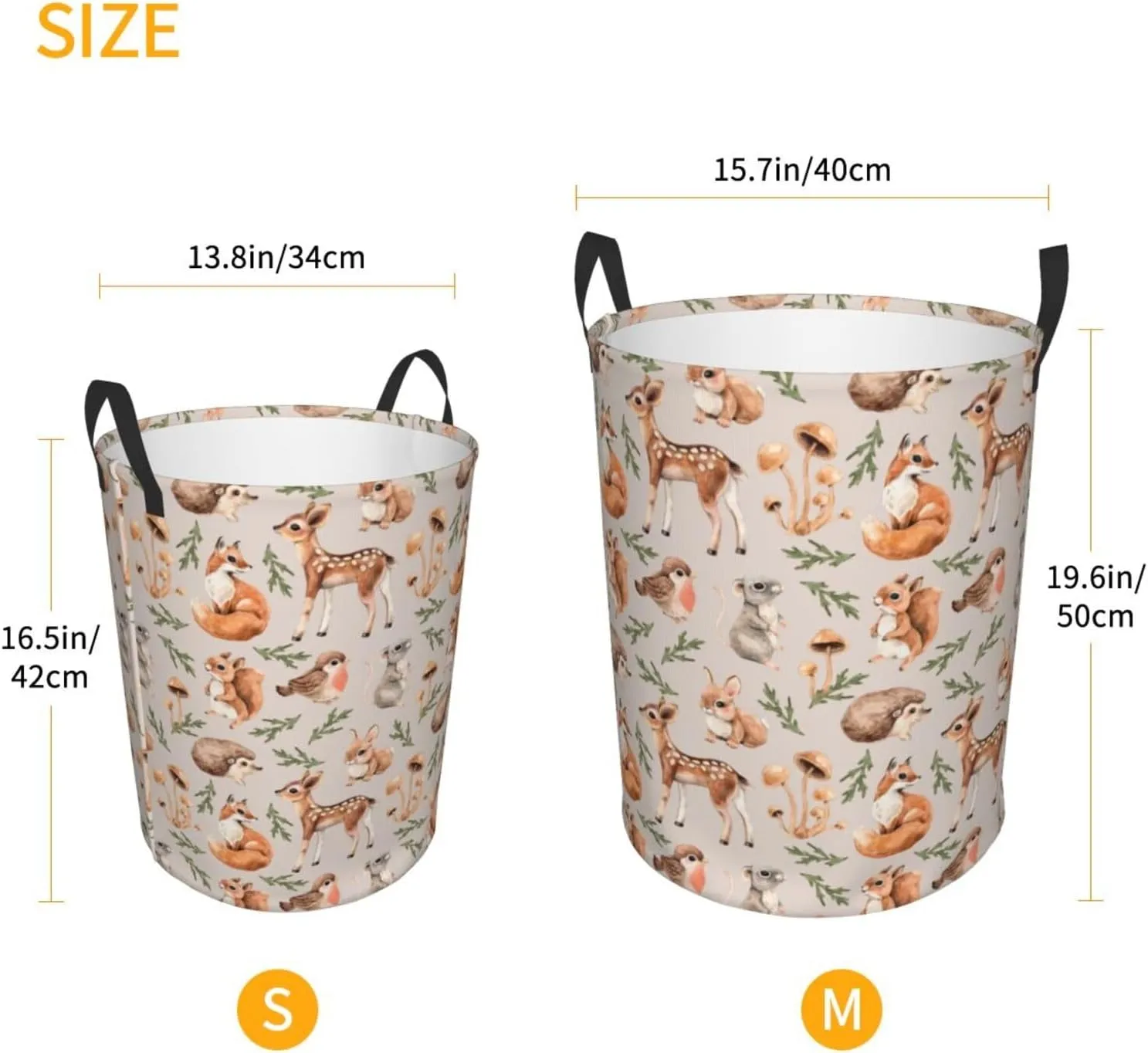 Forest Little Animal Laundry Hamper Bag, Deer Squirrel Hedgehog Fox Round Laundry Basket Foldable Clothes Storage Organizer For Bathroom Bedroom Nursery Dorm, S-16.5"X 13.8"