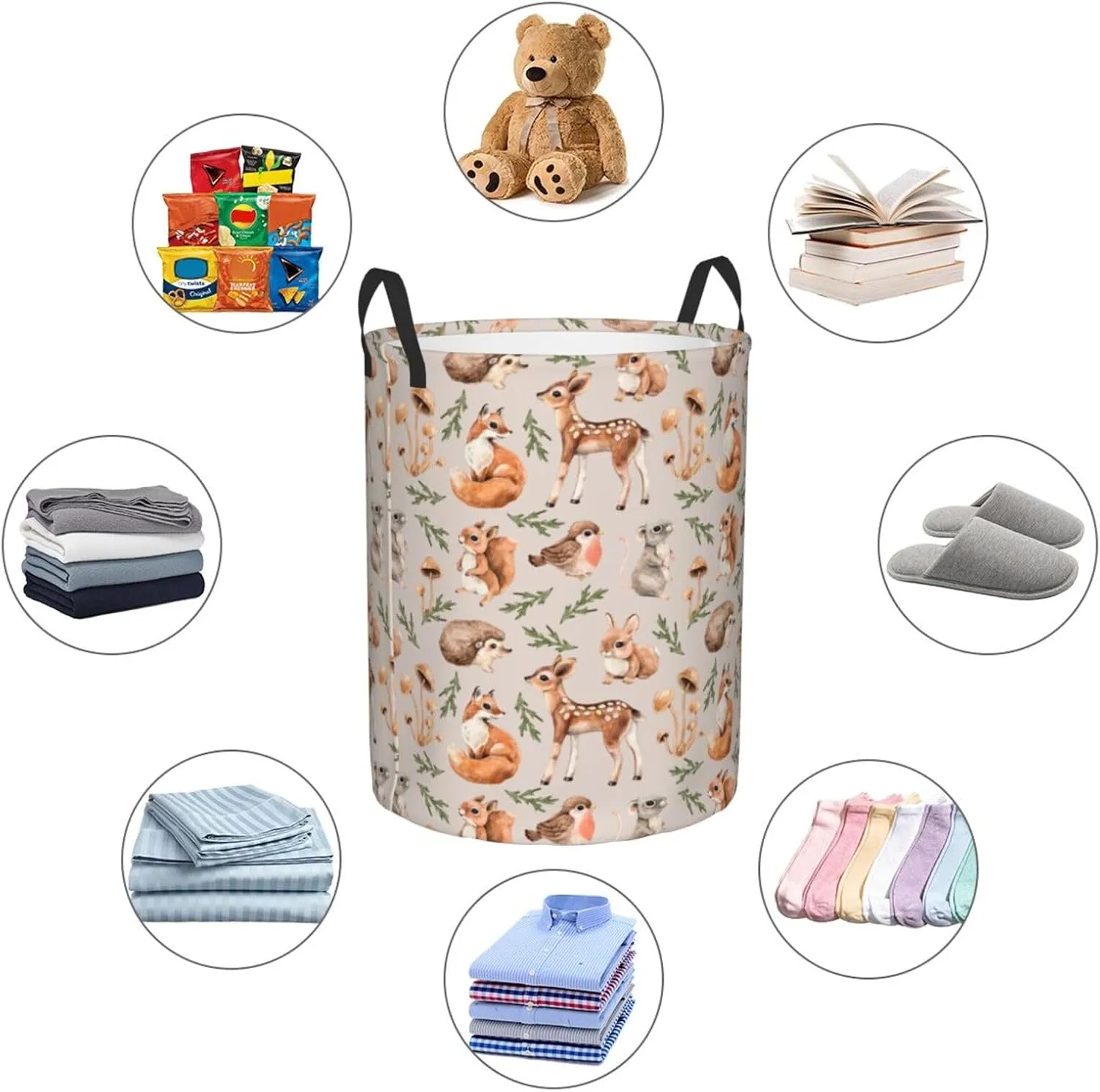Forest Little Animal Laundry Hamper Bag, Deer Squirrel Hedgehog Fox Round Laundry Basket Foldable Clothes Storage Organizer For Bathroom Bedroom Nursery Dorm, S-16.5"X 13.8"