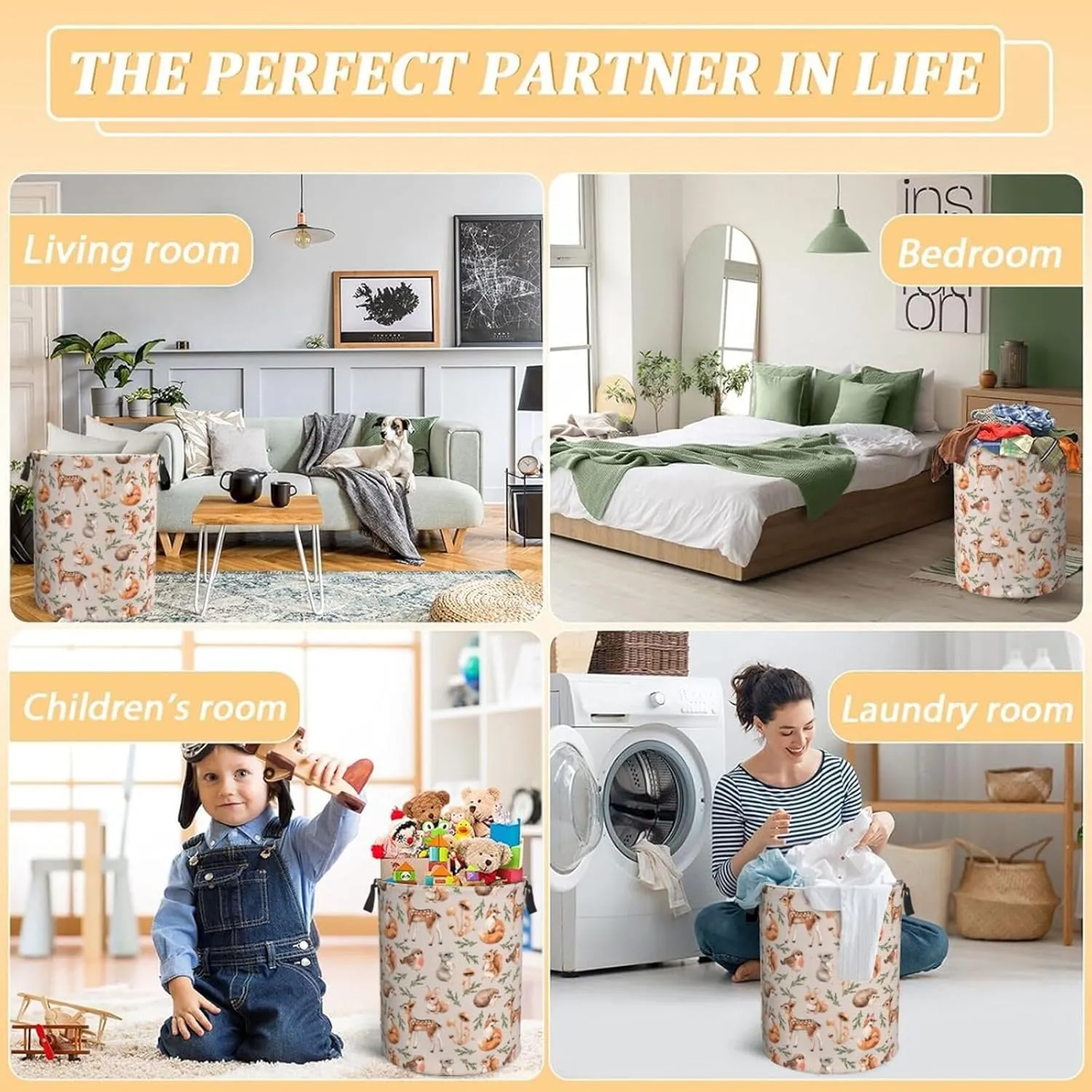 Forest Little Animal Laundry Hamper Bag, Deer Squirrel Hedgehog Fox Round Laundry Basket Foldable Clothes Storage Organizer For Bathroom Bedroom Nursery Dorm, S-16.5"X 13.8"