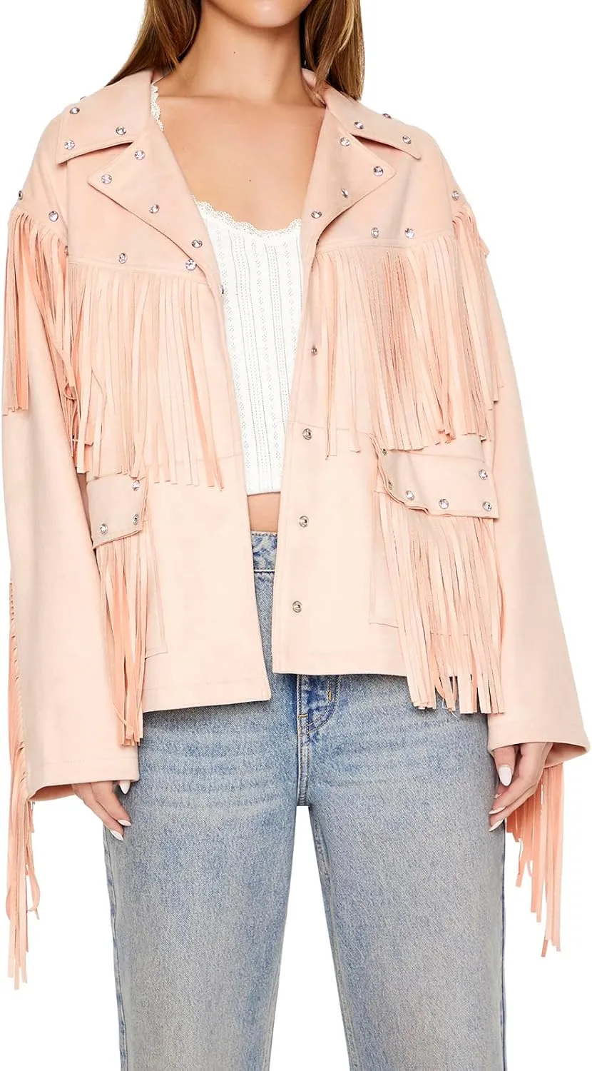 Forever 21 Women's Fringe Faux Suede & Gem Jacket