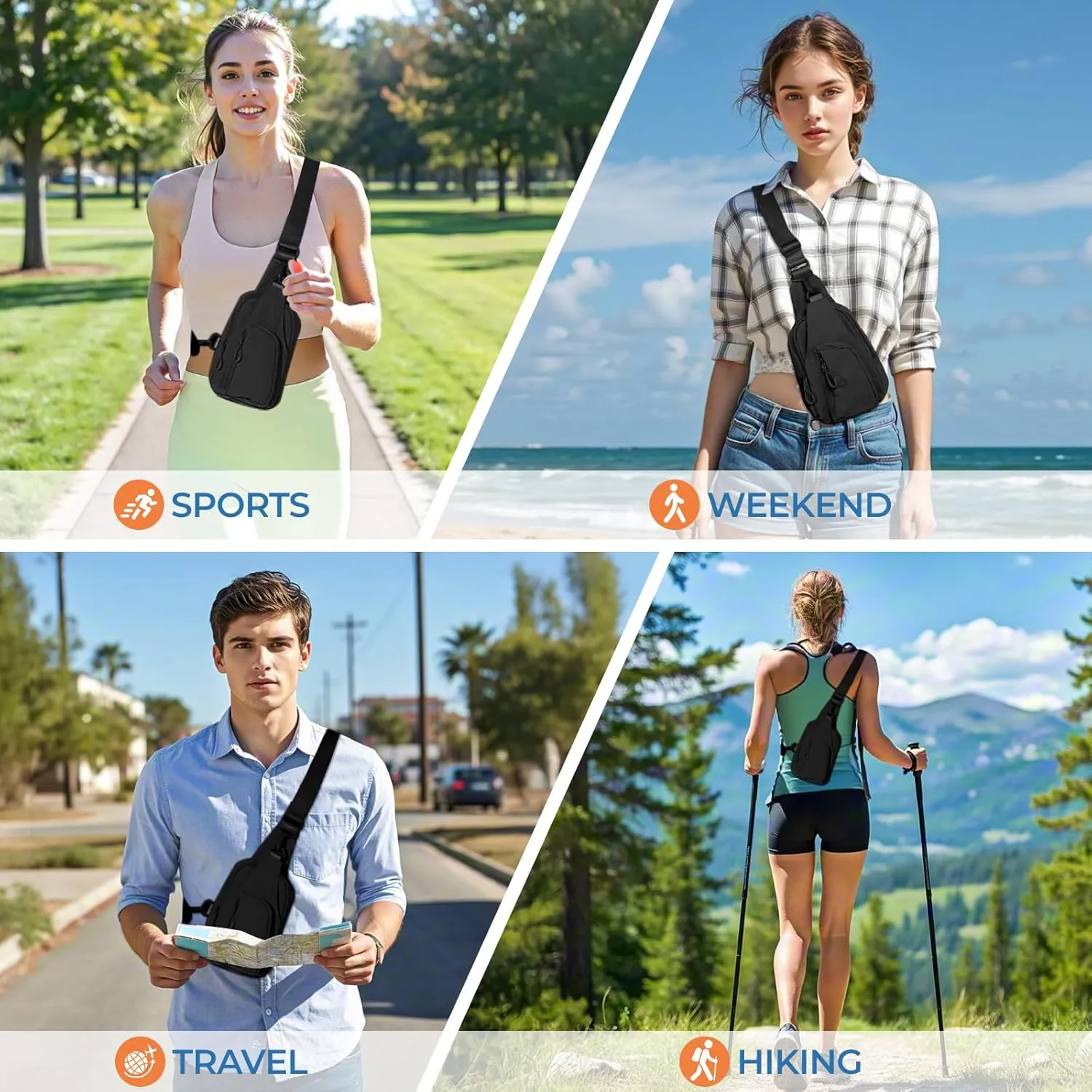 FREE ROCK Small Crossbody Sling Bag Mini Nylon Cross Body Bag Hiking Backpack Chest Pack Side Shoulder Bags Purse For Women Men (Black), YJ2024001