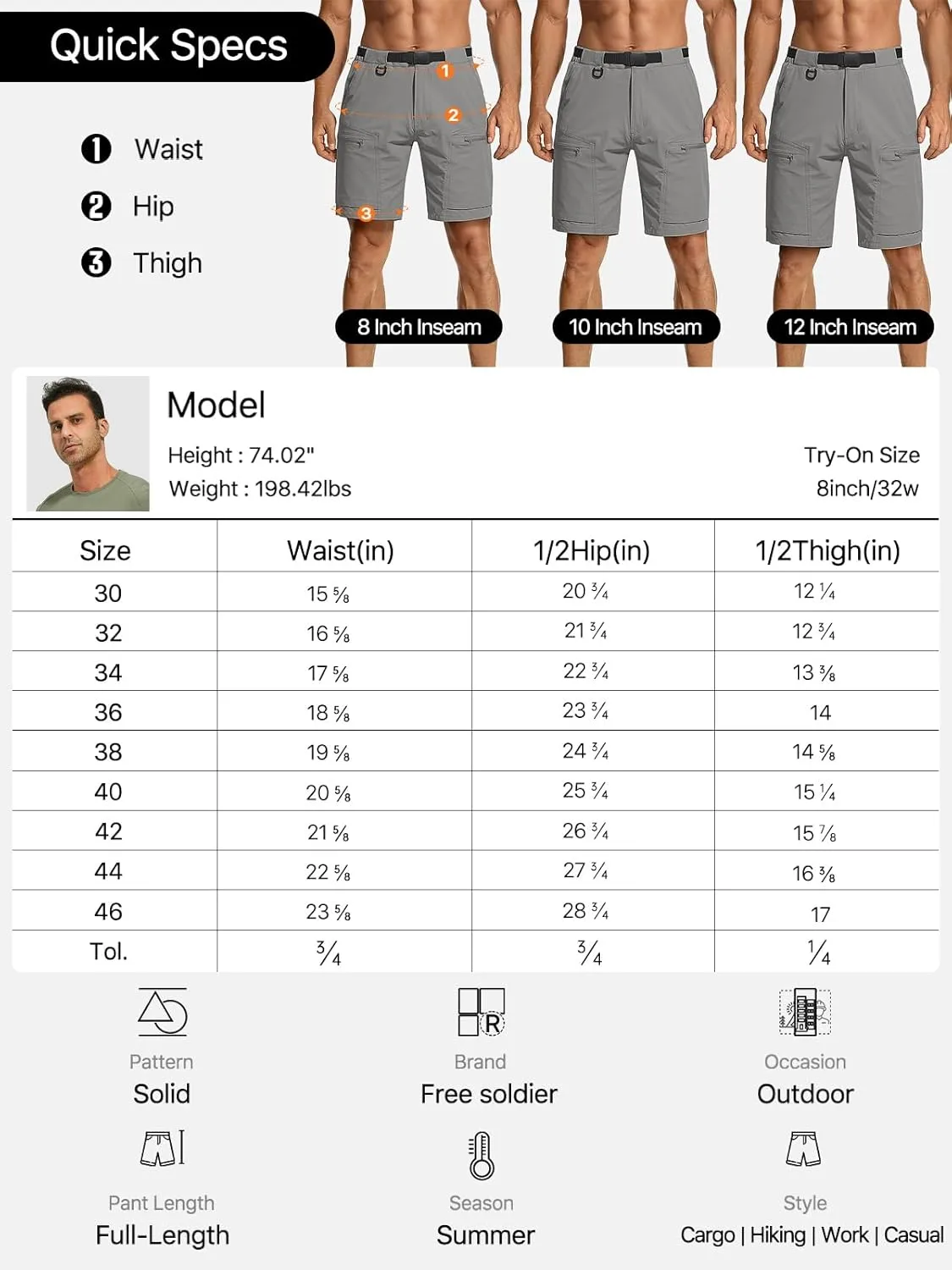 FREE SOLDIER Men's Cargo Hiking Shorts with Belt Lightweight Quick Dry Tactical Shorts with Pockets for Casual Work Golf