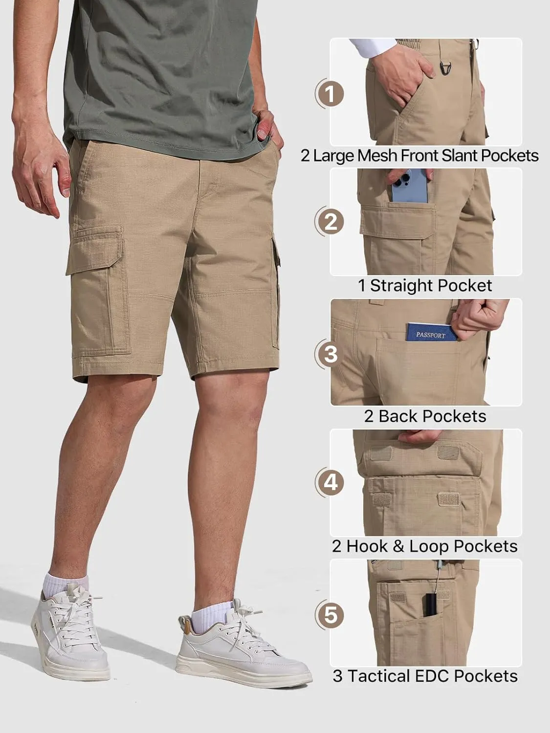 FREE SOLDIER Men's Hiking Cargo Shorts Water Resistant Quick Dry Lightweight Shorts for Hiking Cargo Casual with 10 Pockets