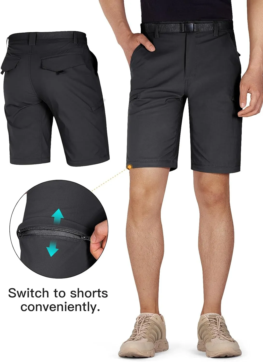 FREE SOLDIER Men's Outdoor Convertible Hiking Pants with Belt Lightweight Quick Dry Tactical Cargo Pants Nylon Spandex