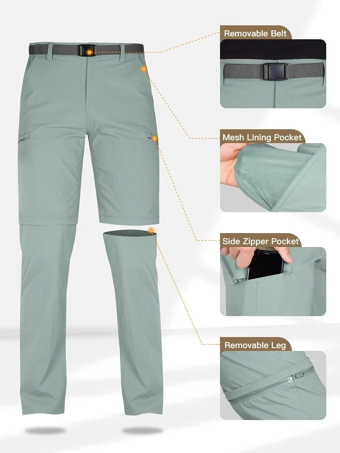 FREE SOLDIER Men's Outdoor Convertible Hiking Pants with Belt Lightweight Quick Dry Tactical Cargo Pants Nylon Spandex