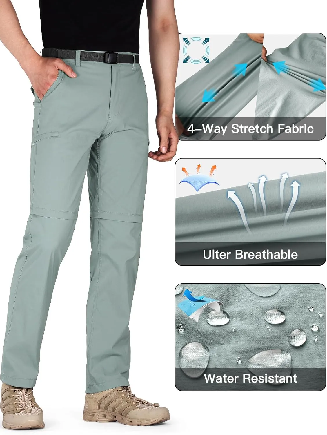 FREE SOLDIER Men's Outdoor Convertible Hiking Pants with Belt Lightweight Quick Dry Tactical Cargo Pants Nylon Spandex
