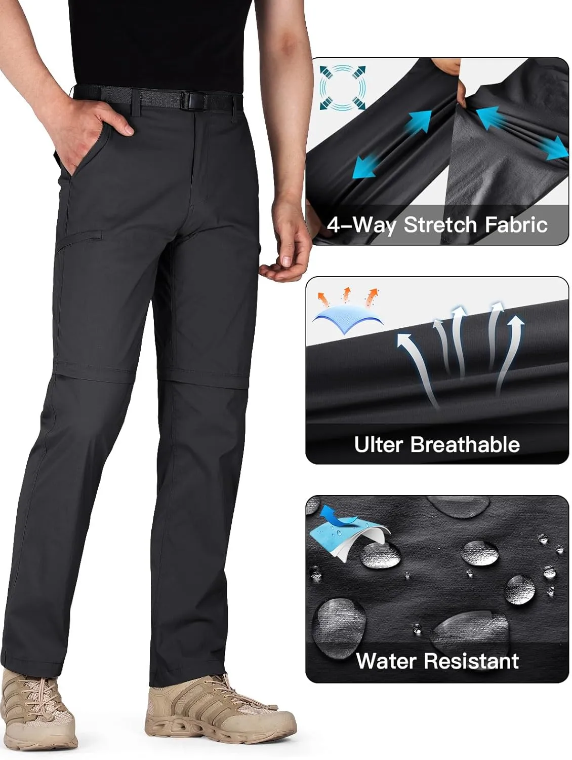 FREE SOLDIER Men's Outdoor Convertible Hiking Pants with Belt Lightweight Quick Dry Tactical Cargo Pants Nylon Spandex
