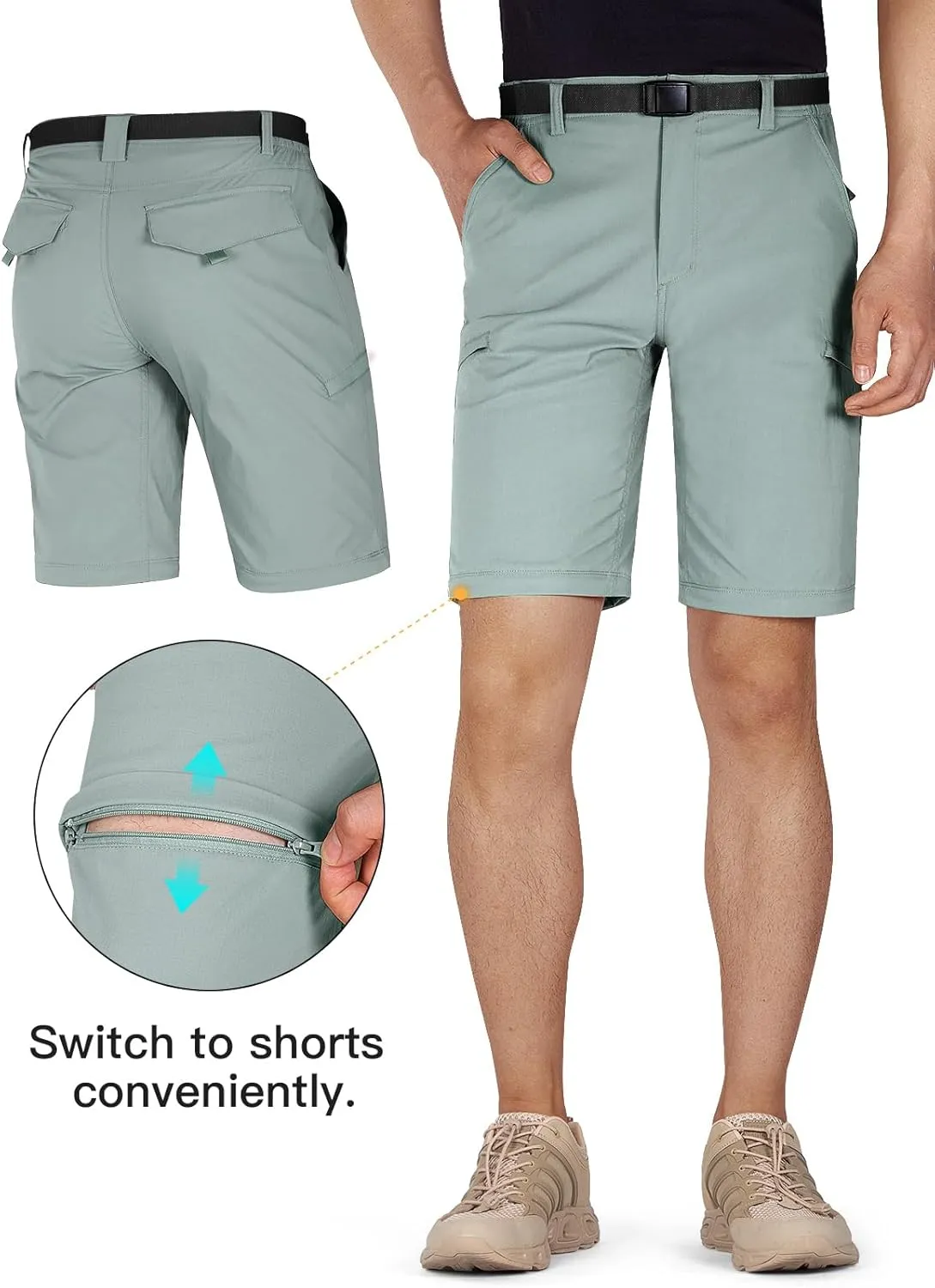 FREE SOLDIER Men's Outdoor Convertible Hiking Pants with Belt Lightweight Quick Dry Tactical Cargo Pants Nylon Spandex
