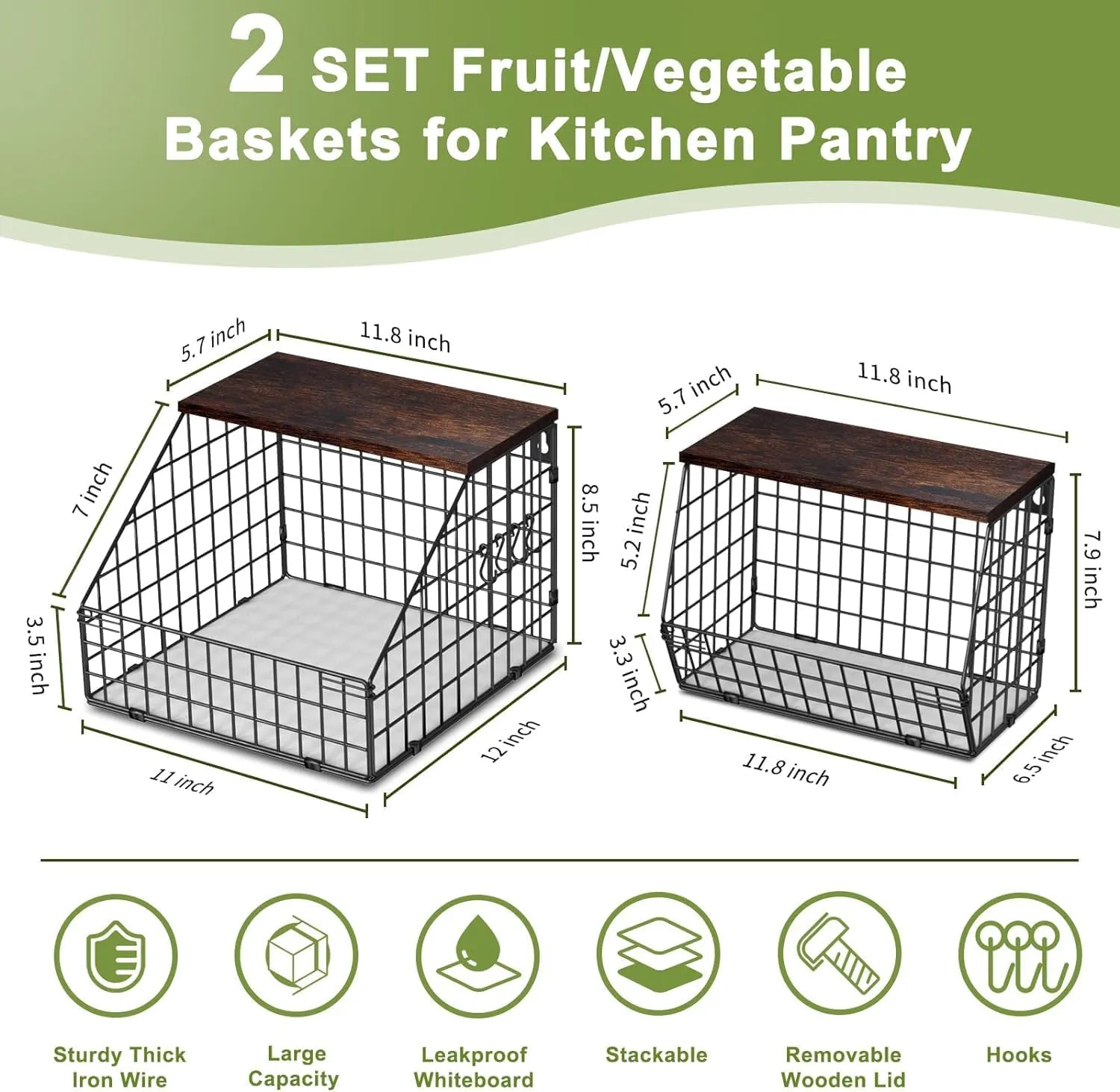Fruit and Vegetable storage, 2 Set Wall Mounted Wire Baskets, Fruit Basket for Kitchen Counter, Hanging Fruit Basket, Potato Onion Basket, Wire Basket for Organizing, Countertop Organization Pantry