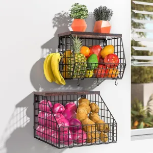 Fruit and Vegetable storage, 2 Set Wall Mounted Wire Baskets, Fruit Basket for Kitchen Counter, Hanging Fruit Basket, Potato Onion Basket, Wire Basket for Organizing, Countertop Organization Pantry