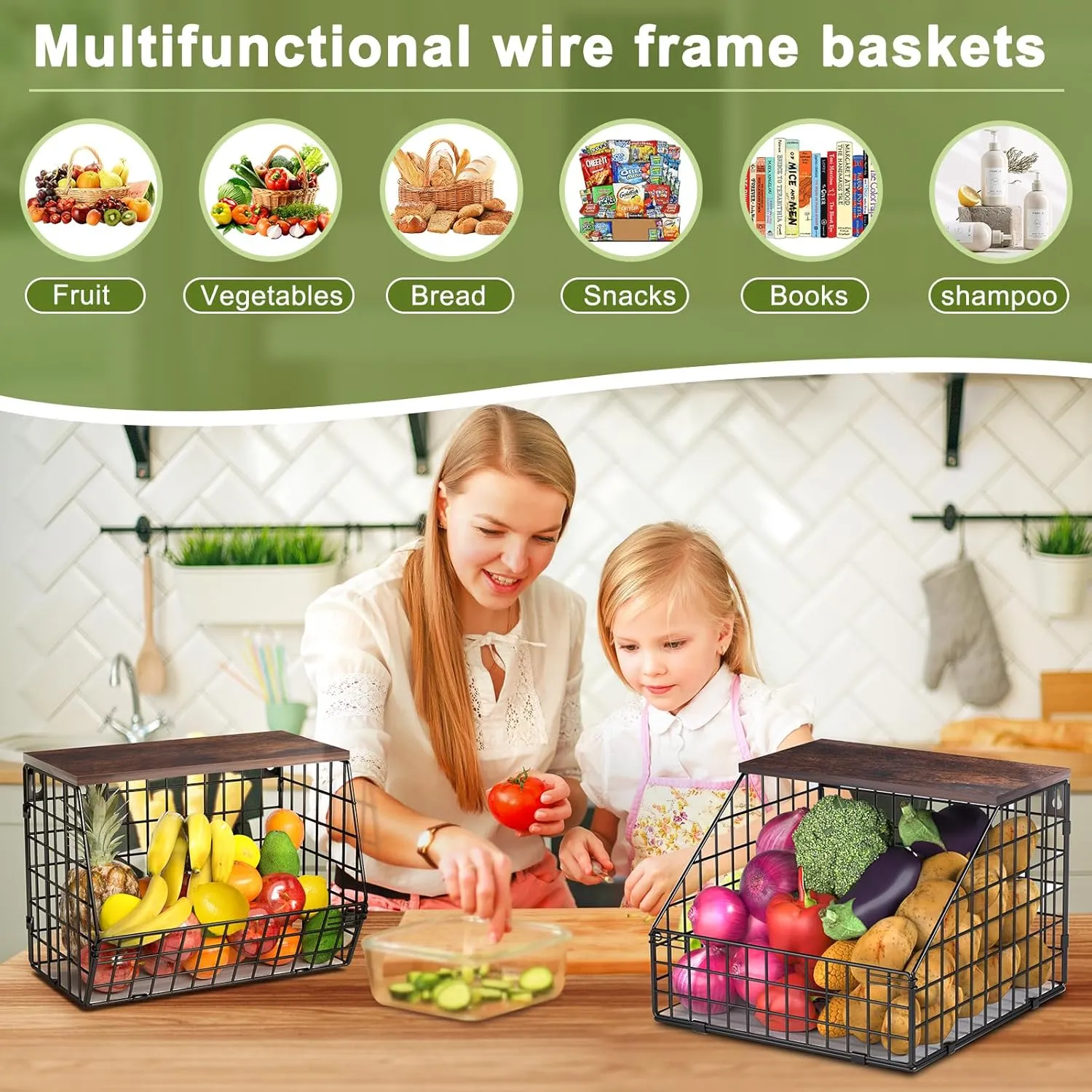 Fruit and Vegetable storage, 2 Set Wall Mounted Wire Baskets, Fruit Basket for Kitchen Counter, Hanging Fruit Basket, Potato Onion Basket, Wire Basket for Organizing, Countertop Organization Pantry