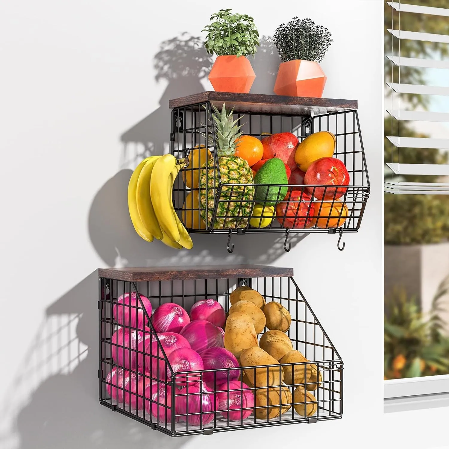Fruit and Vegetable storage, 2 Set Wall Mounted Wire Baskets, Fruit Basket for Kitchen Counter, Hanging Fruit Basket, Potato Onion Basket, Wire Basket for Organizing, Countertop Organization Pantry