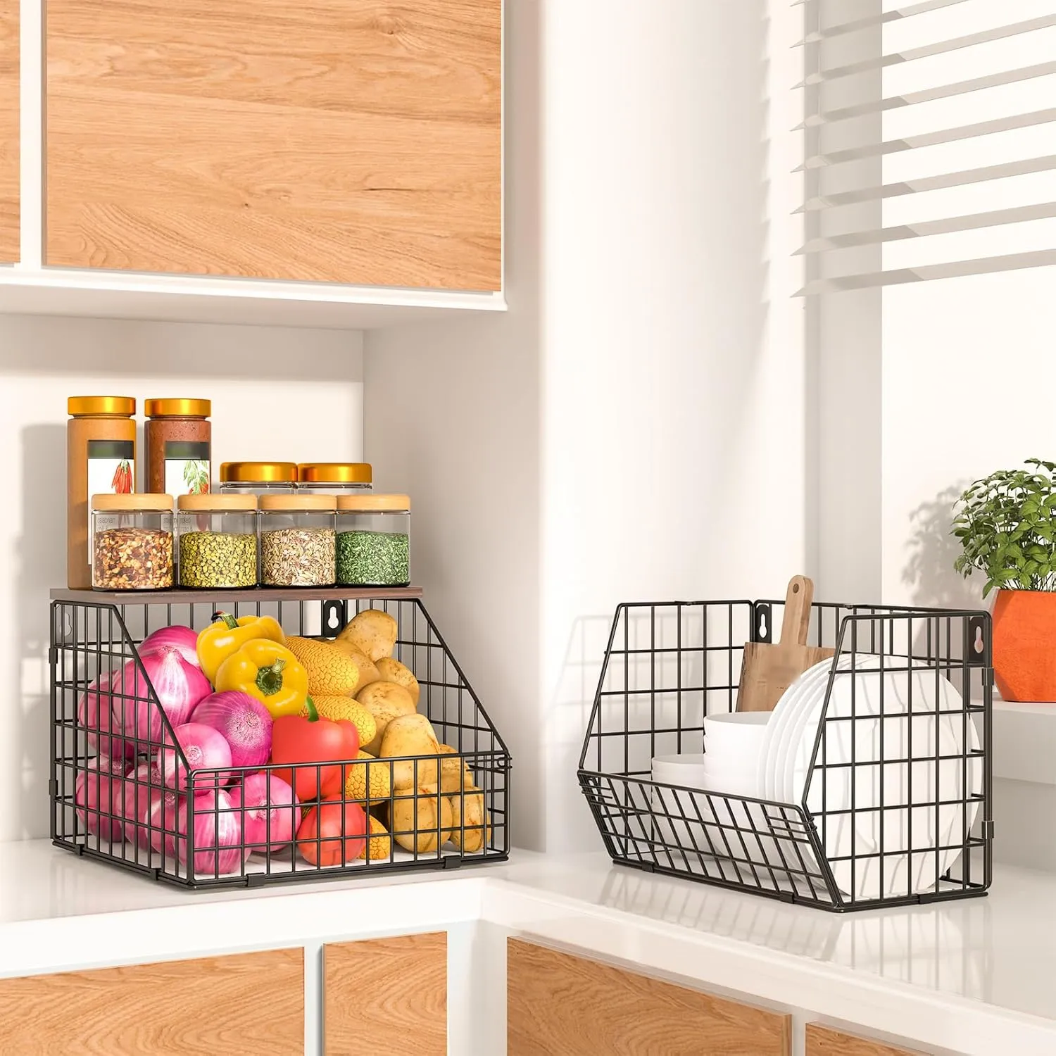 Fruit and Vegetable storage, 2 Set Wall Mounted Wire Baskets, Fruit Basket for Kitchen Counter, Hanging Fruit Basket, Potato Onion Basket, Wire Basket for Organizing, Countertop Organization Pantry