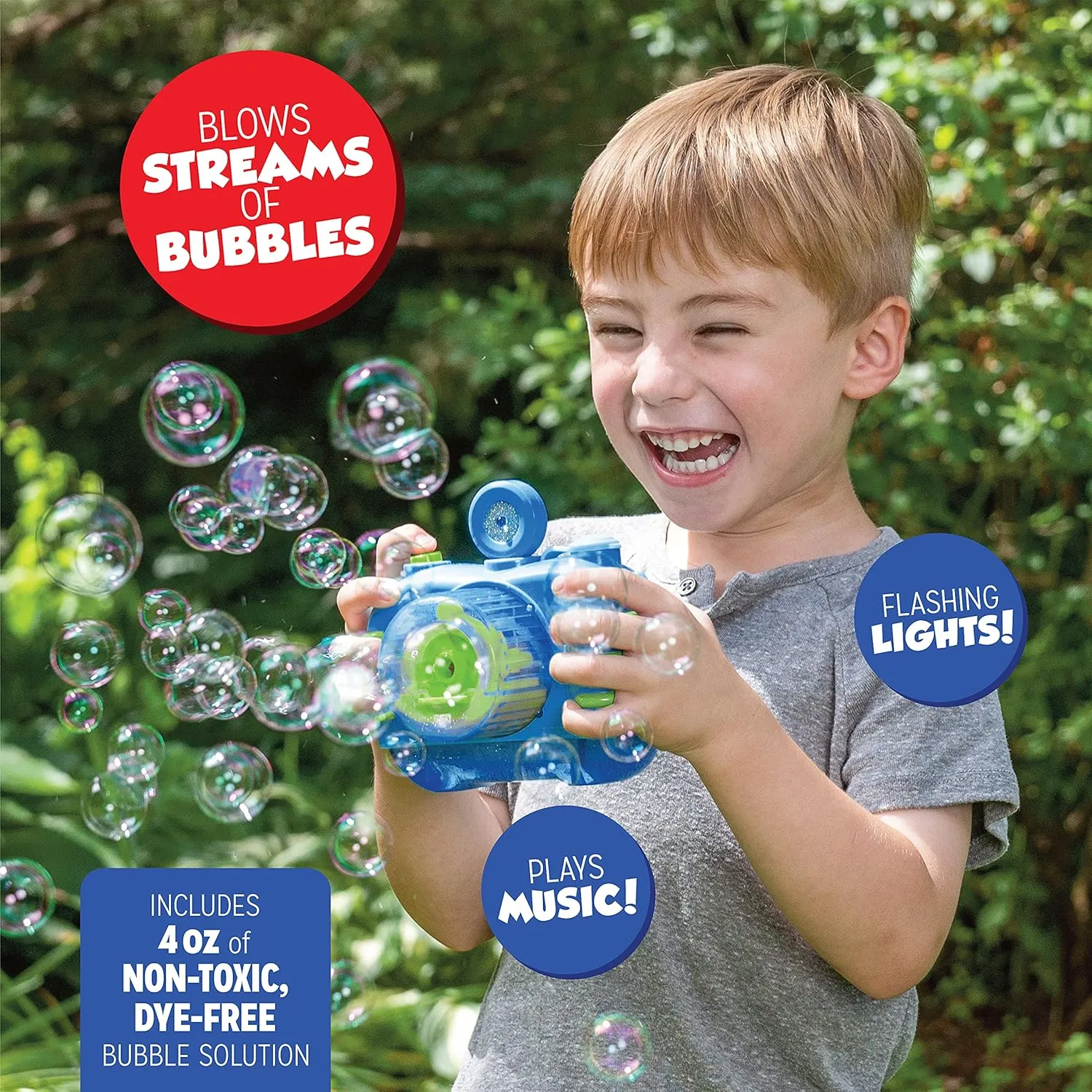 Fubbles Bubble Camera with Realistic Shutter Sound, Fun Lights and Music. Includes Premium Bubble Solution, Blue (47301E)