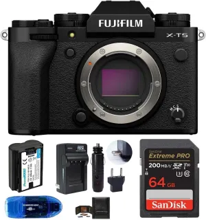 Fujifilm X-T5 Mirrorless Digital Camera Body Bundle, Includes: SanDisk 64GB Extreme PRO SDXC Memory Card, Spare Battery   More (6 Items) (Black)