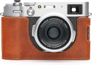 Fujifilm X100V Camera Case, BolinUS Handmade Genuine Real Leather Half Camera Case Bag Cover for Fujifilm Fuji X100V Camera Bottom Opening Version   Hand Strap (LavaBrown)