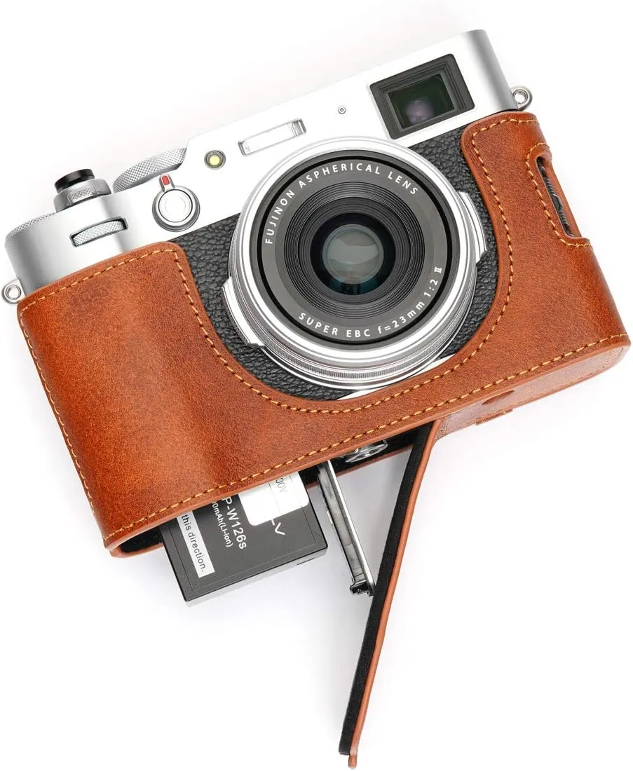 Fujifilm X100V Camera Case, BolinUS Handmade Genuine Real Leather Half Camera Case Bag Cover for Fujifilm Fuji X100V Camera Bottom Opening Version   Hand Strap (LavaBrown)