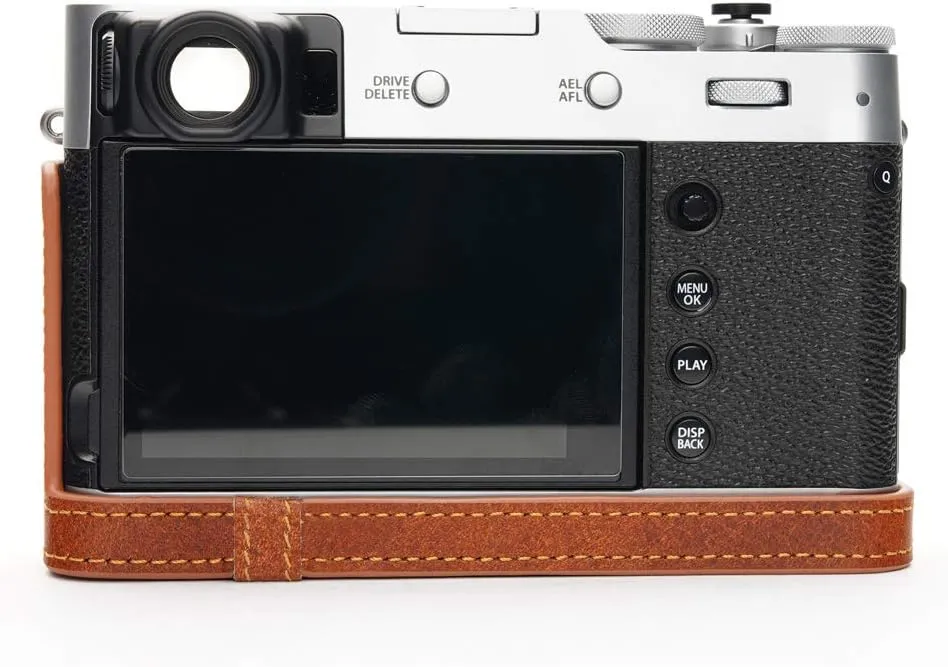 Fujifilm X100V Camera Case, BolinUS Handmade Genuine Real Leather Half Camera Case Bag Cover for Fujifilm Fuji X100V Camera Bottom Opening Version   Hand Strap (LavaBrown)