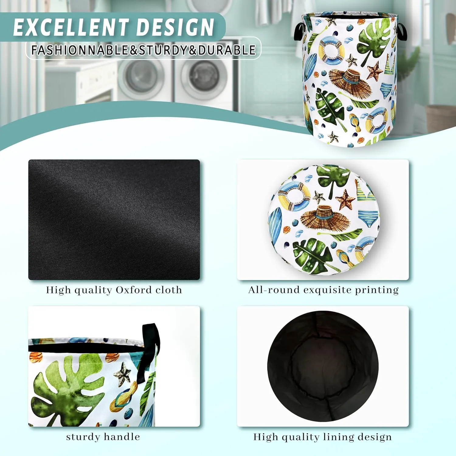 Funny Hawaii Laundry Hamper Surf Beach Elements Colorful Laundry Basket With Handles Foldable Oxford Cloth Tote Bag Clothes Toy Storage Bucket18.9" x 16.5"For Bathroom/Laundry/Bedroom