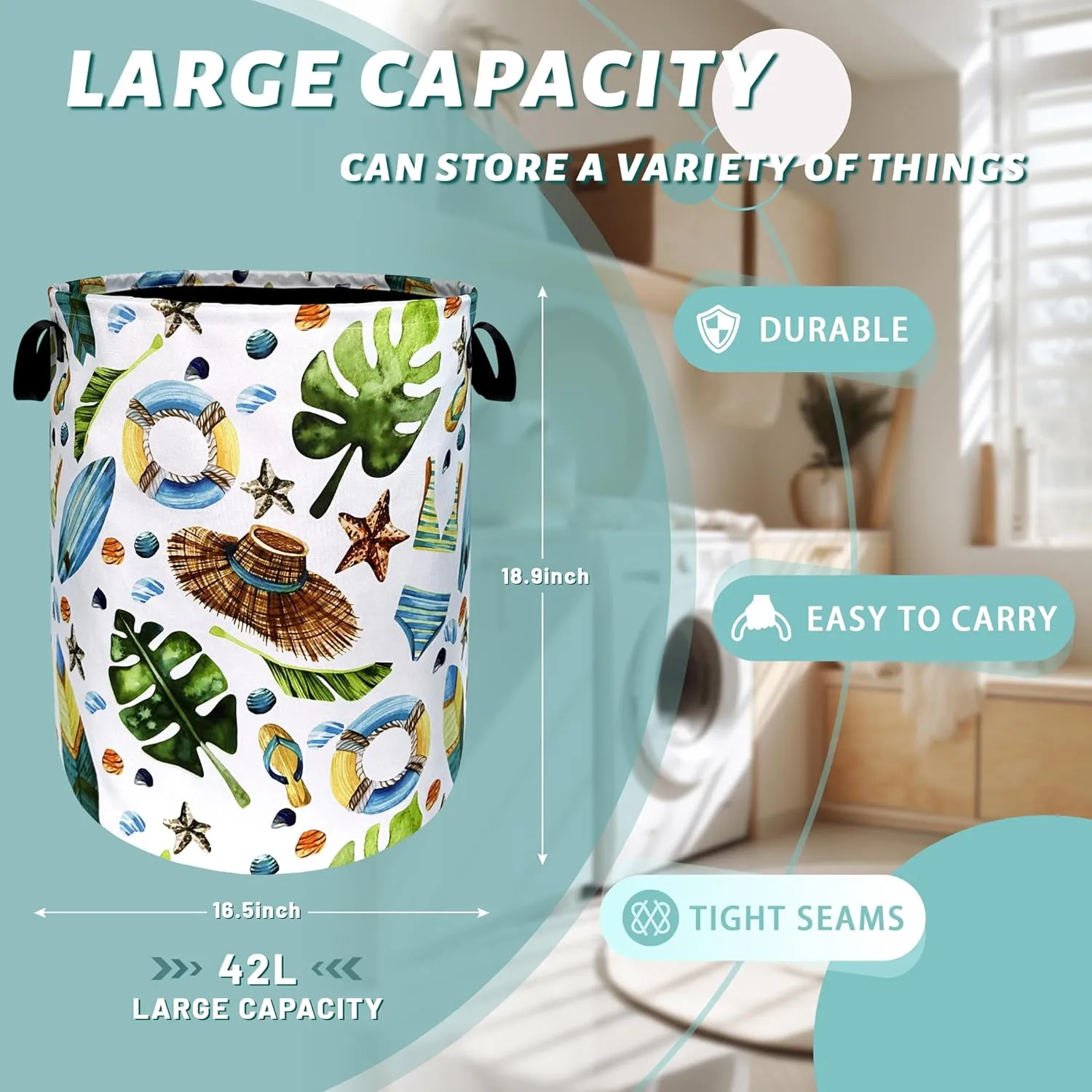 Funny Hawaii Laundry Hamper Surf Beach Elements Colorful Laundry Basket With Handles Foldable Oxford Cloth Tote Bag Clothes Toy Storage Bucket18.9" x 16.5"For Bathroom/Laundry/Bedroom