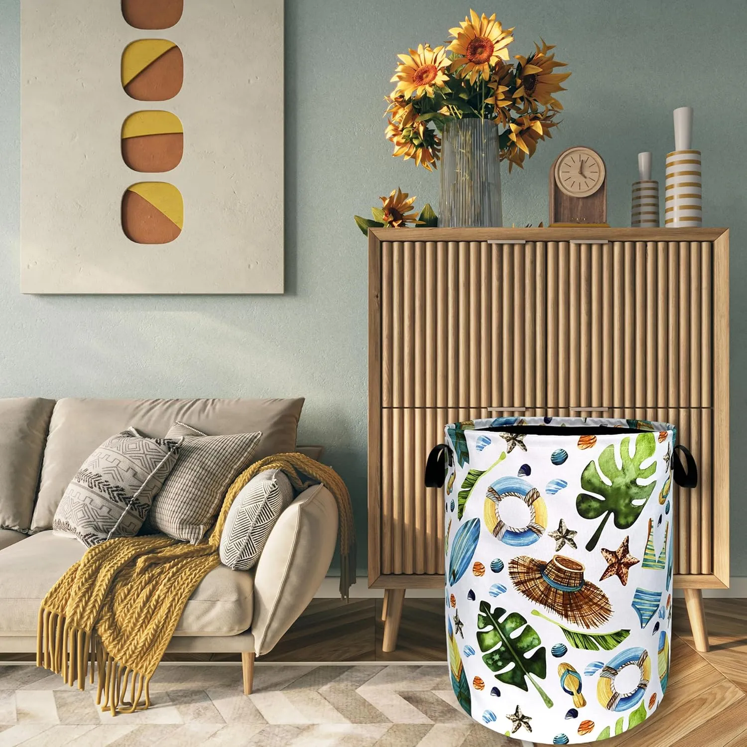 Funny Hawaii Laundry Hamper Surf Beach Elements Colorful Laundry Basket With Handles Foldable Oxford Cloth Tote Bag Clothes Toy Storage Bucket18.9" x 16.5"For Bathroom/Laundry/Bedroom