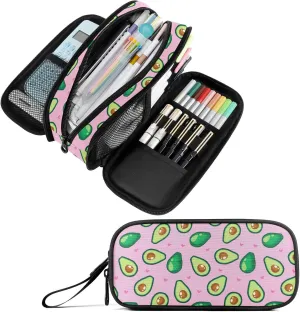 Fustylead Avocado and Heart Large Pencil Bag Storage Pen Case Makeup Pouch Stationery Bag for School College Office Organizer