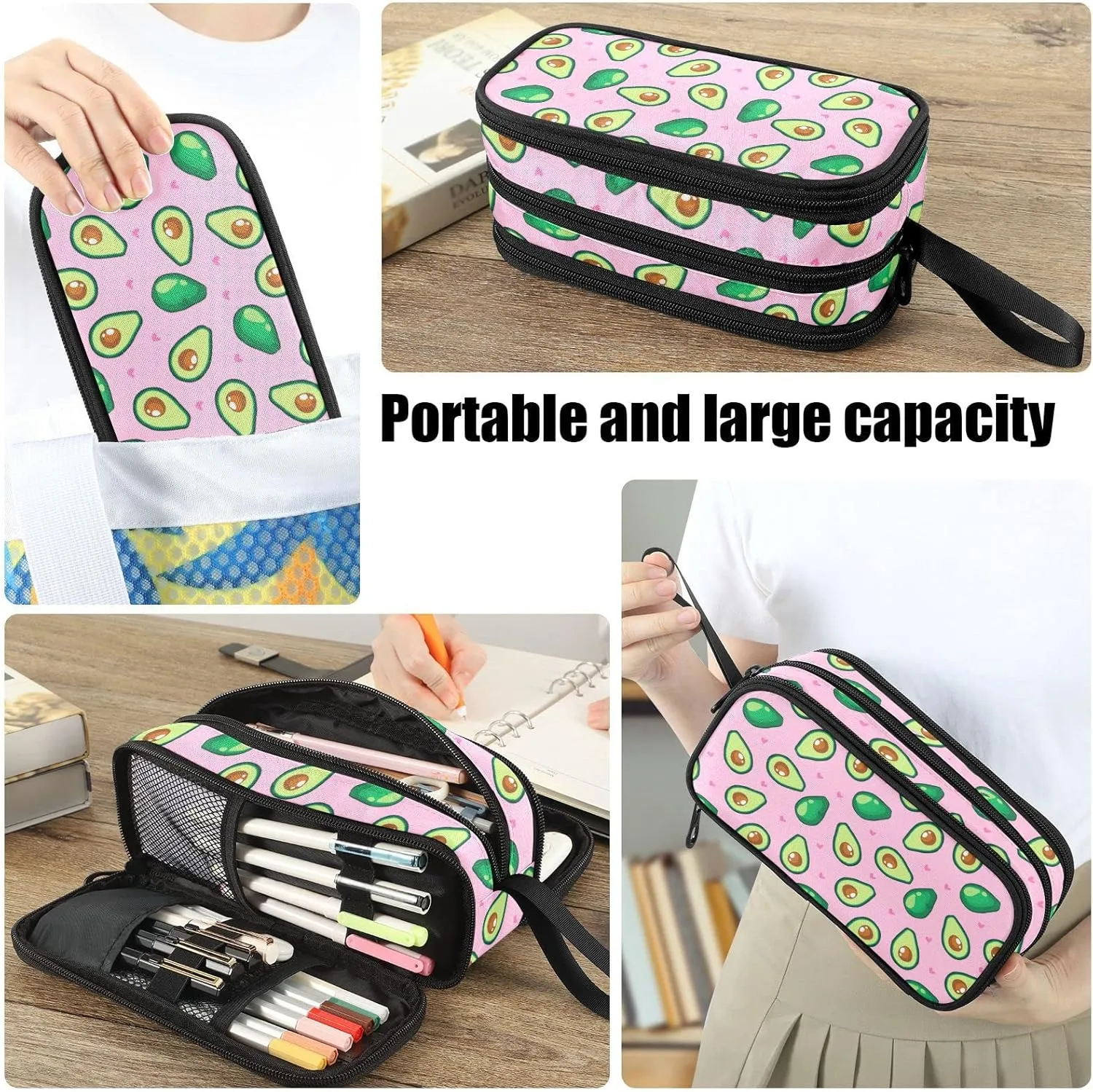 Fustylead Avocado and Heart Large Pencil Bag Storage Pen Case Makeup Pouch Stationery Bag for School College Office Organizer