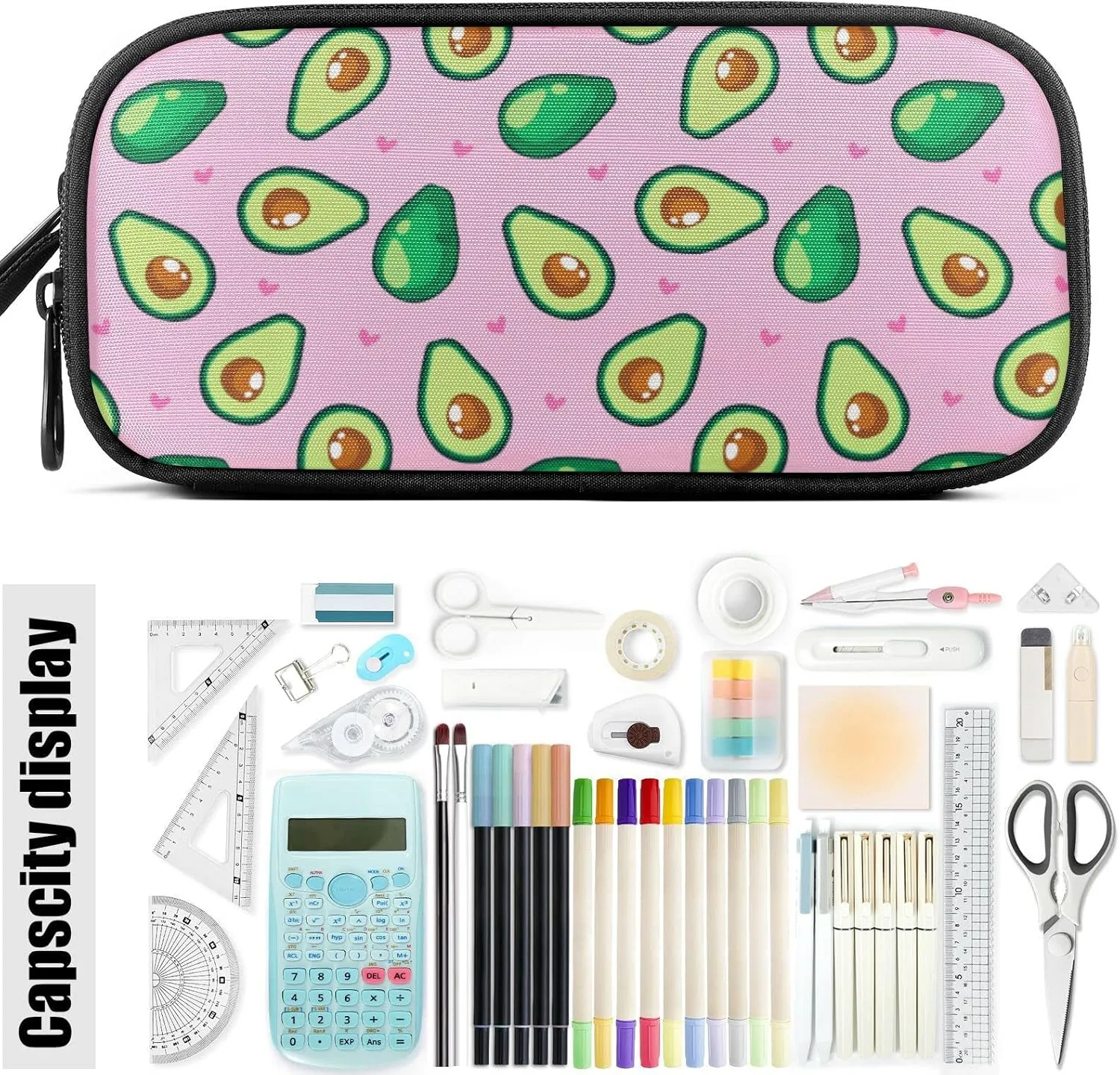 Fustylead Avocado and Heart Large Pencil Bag Storage Pen Case Makeup Pouch Stationery Bag for School College Office Organizer