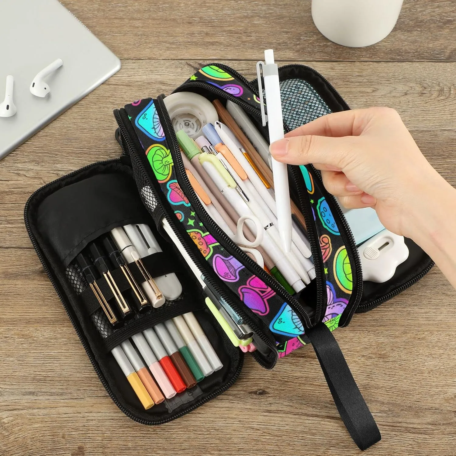 Fustylead Bright Psychedelic Colors Mushrooms Pen Pencil Case with Zipper Makeup Pouch Cosmetics Bag Multi-Purpose Travel Bag Office Organizer Box for Boys Girls Teen