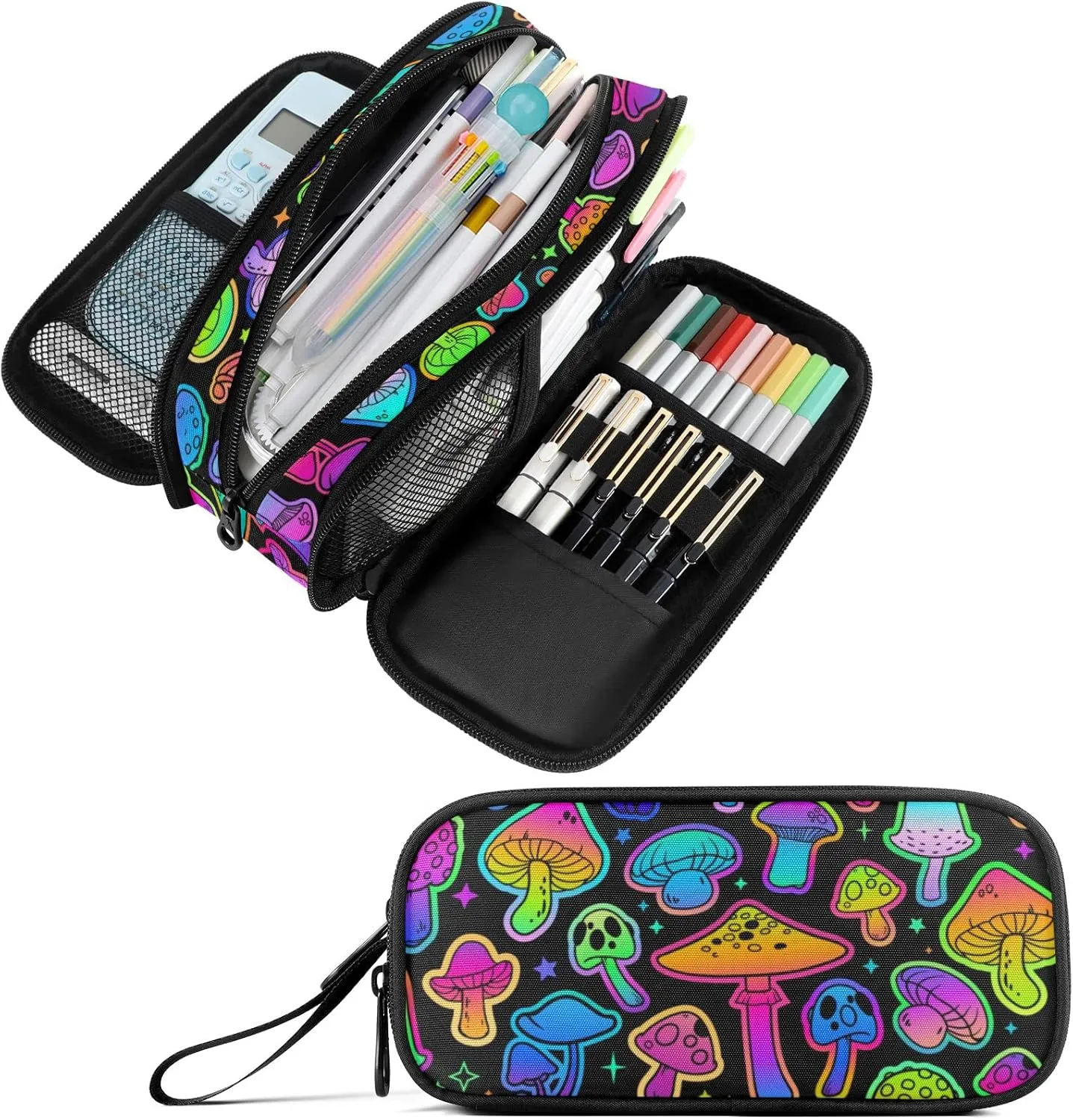 Fustylead Bright Psychedelic Colors Mushrooms Pen Pencil Case with Zipper Makeup Pouch Cosmetics Bag Multi-Purpose Travel Bag Office Organizer Box for Boys Girls Teen